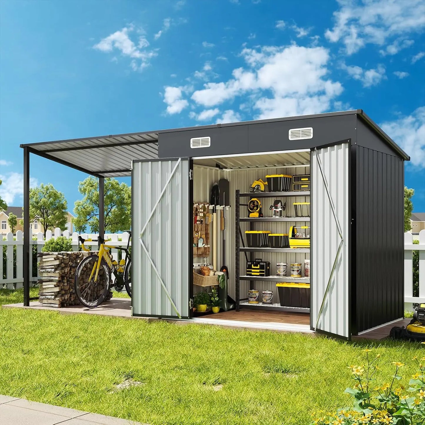 6x4FT Outdoor Storage Shed& Hardtop Gazebo Combo,12x4FTMetal Lean To Shed with Open-Sided Pergola,2-in-1Durable Garden Tool Shed