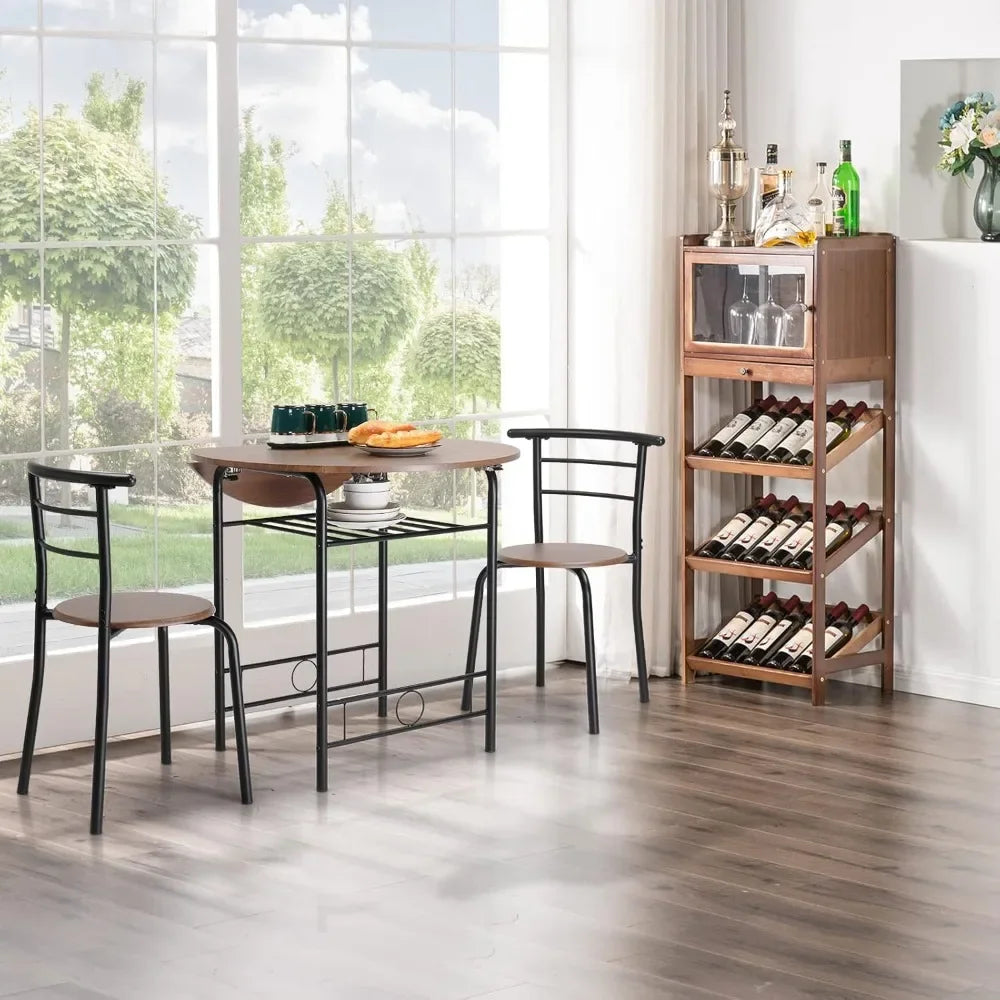 NONED Drop Leaf Round Folding Dining Table Set 3 Pieces For Small Spaces