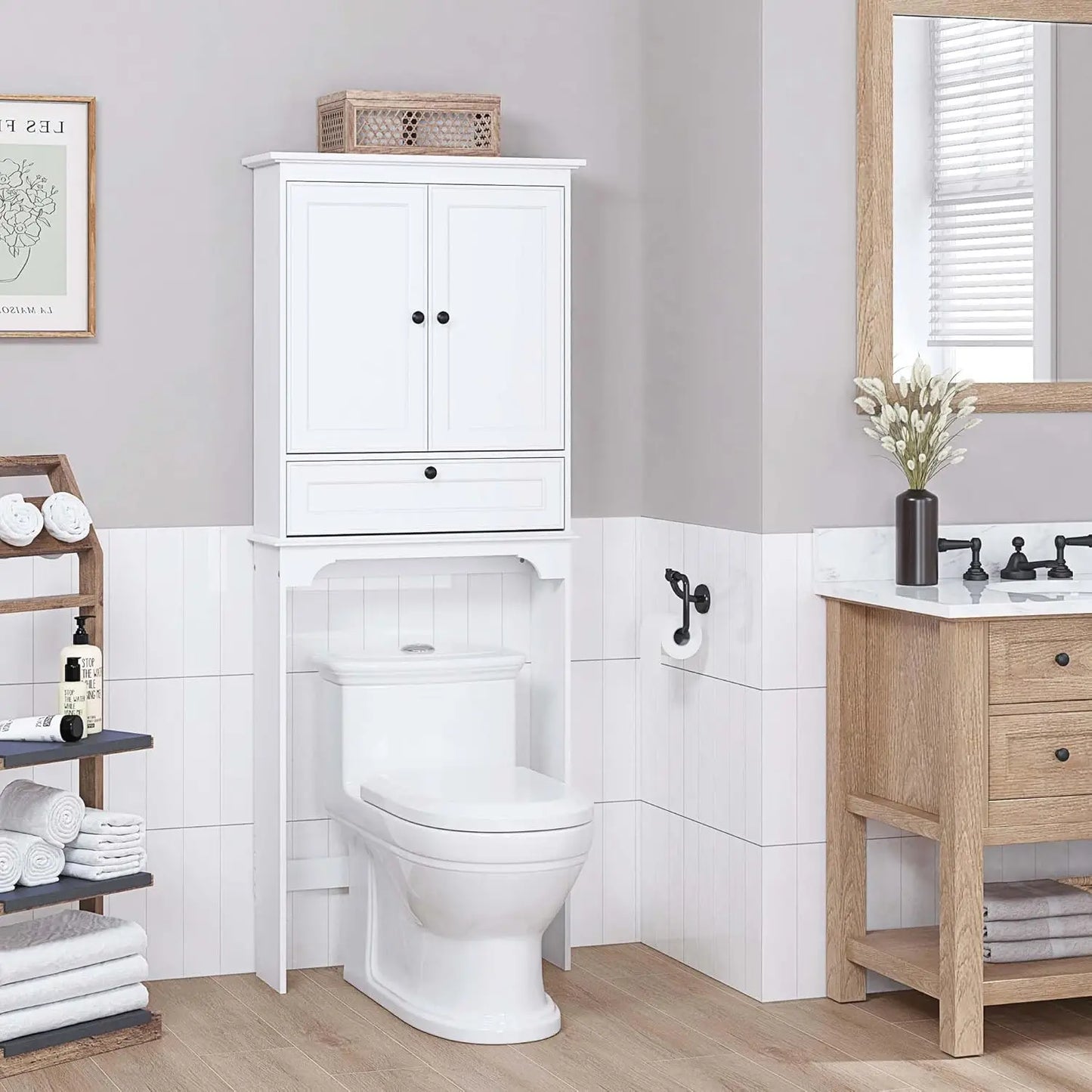 Bathroom Over the Toilet Storage Cabinet with Tilt-Out Cube, White | Space-saving Organizer for Small Bathrooms, Doors Conceal C