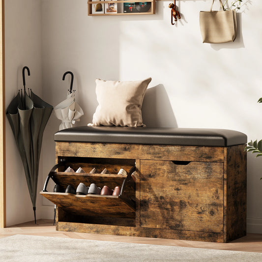 Shoe Storage Bench With Lift Top And 2 Flip Drawers