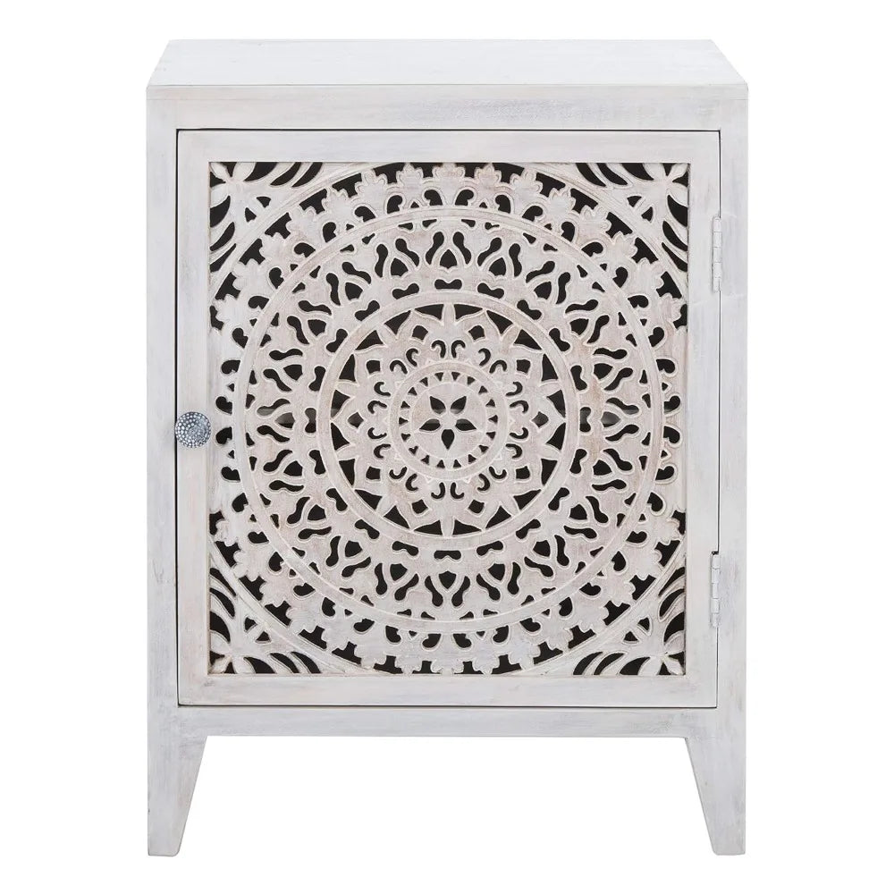 Carved Mandala Door Storage Nightstand Thea Wash Boho Bedroom Table