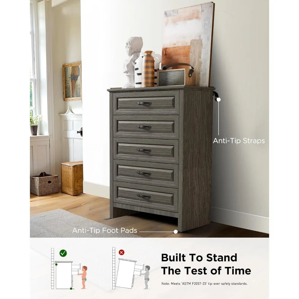 Grey 5 Drawers Dresser Chests for Bedroom, 42.7 Inch Tall Wooden Dresser, Farmhouse Storage Organizer with Large Drawer