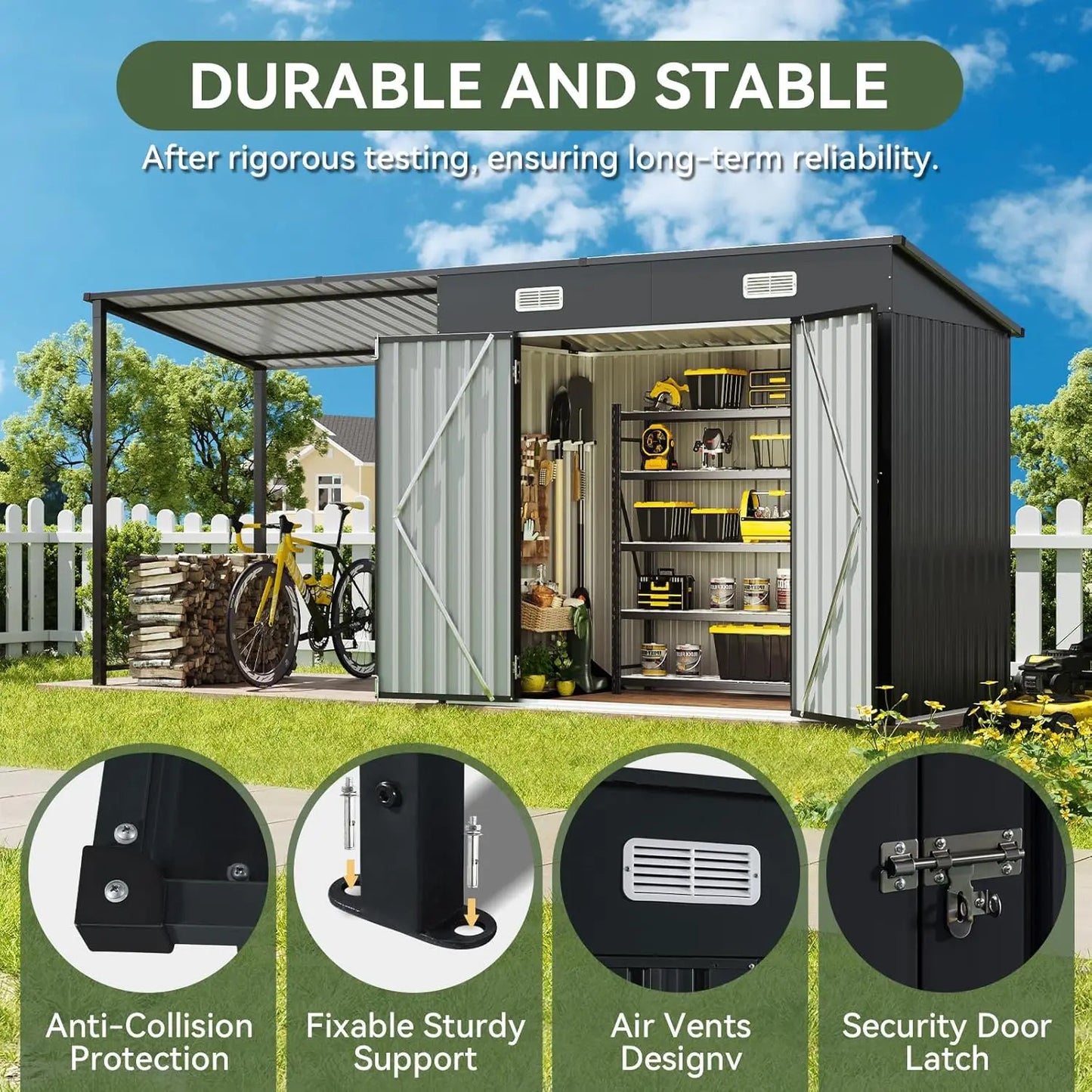 6x4FT Outdoor Storage Shed& Hardtop Gazebo Combo,12x4FTMetal Lean To Shed with Open-Sided Pergola,2-in-1Durable Garden Tool Shed