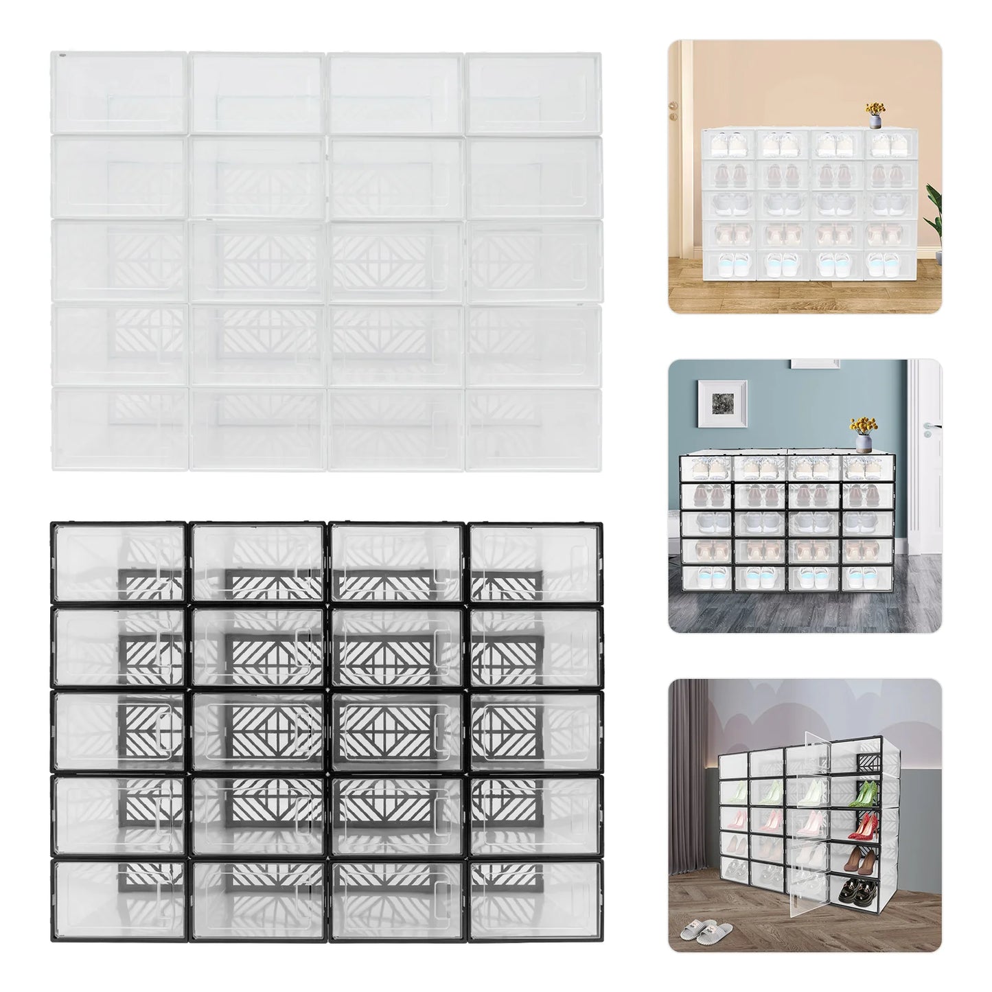 20 Pcs Shoe Storage Box Transparent PP Plastic Shoe Cabinet Moisture & Dust Proof Modern Organizer Black/White