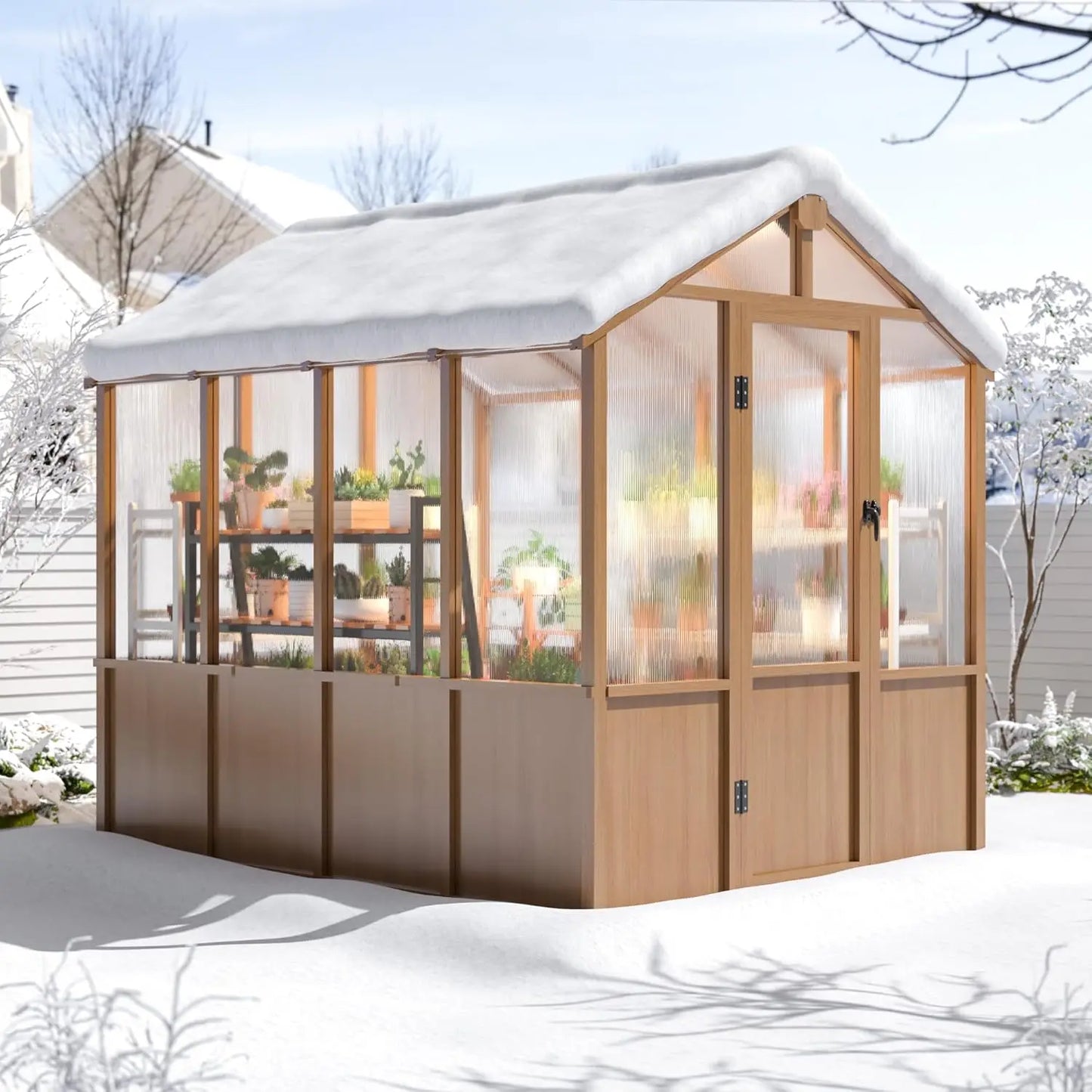 6x8FT Wood Frame Walk-in Greenhouse 6mm Twin-wall Polycarbonate Adjustable Roof Vent Garden Backyard, Custom