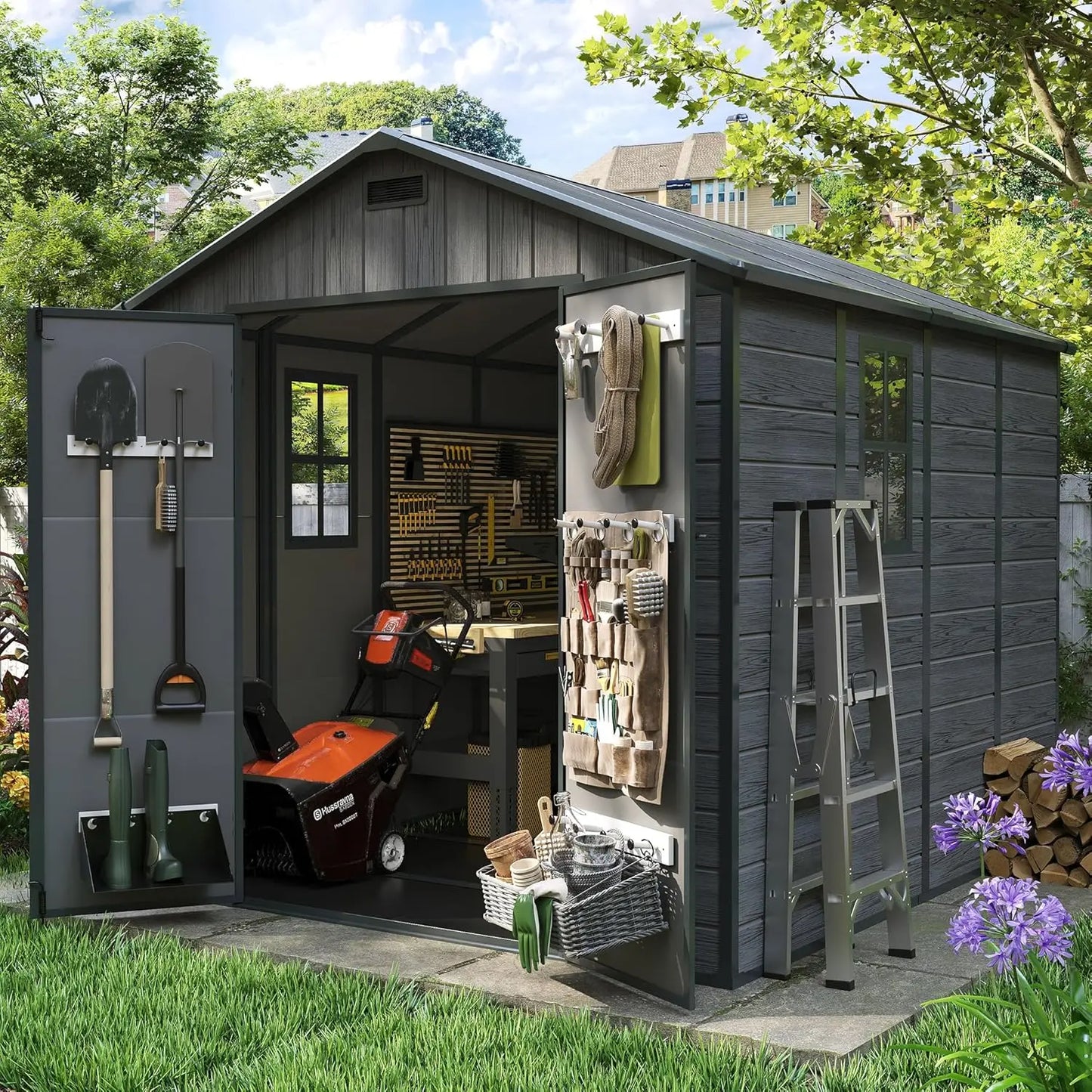 8x6 FT Storage Shed, Resin Outdoor Shed with Floor Included, Plastic Sheds Outdoor Storage for Bike, Garden Tools, Sheds