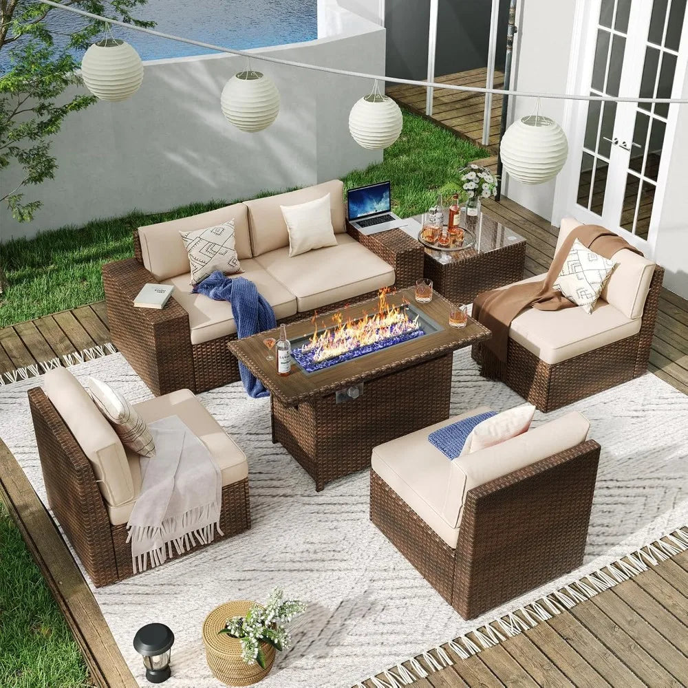 Patio 7 Piece Fire Pit Table Wicker Set Outdoor Cushions