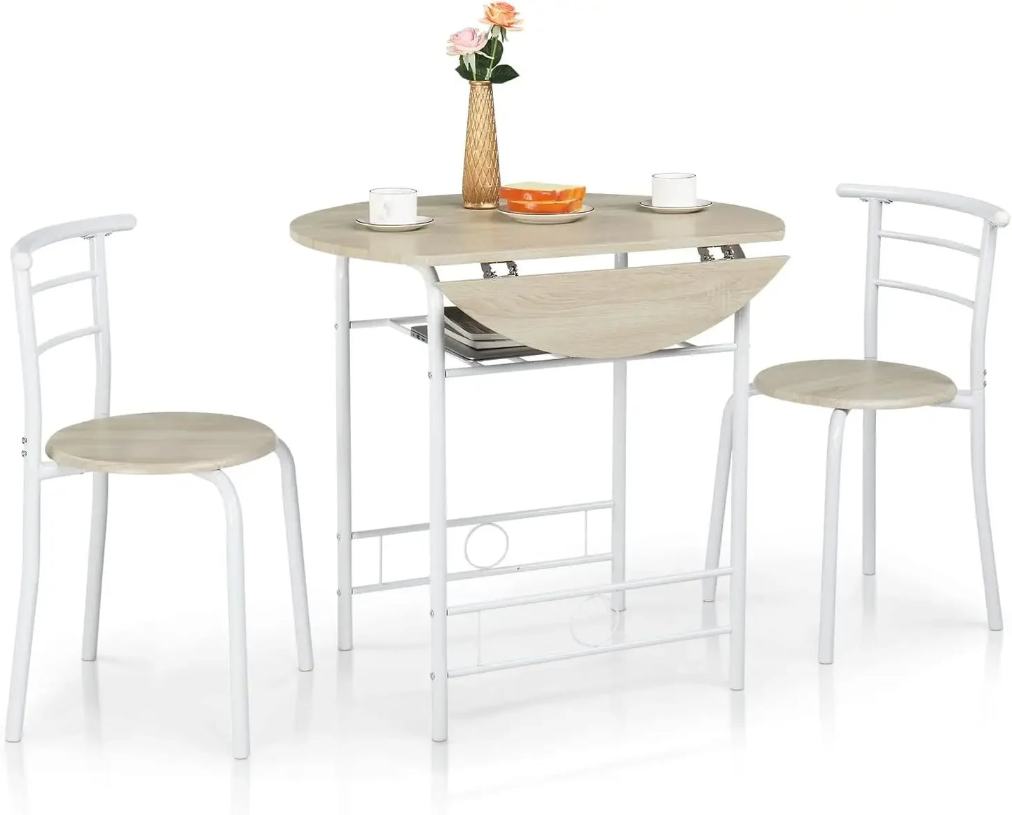 NONED Drop Leaf Round Folding Dining Table Set 3 Pieces For Small Spaces