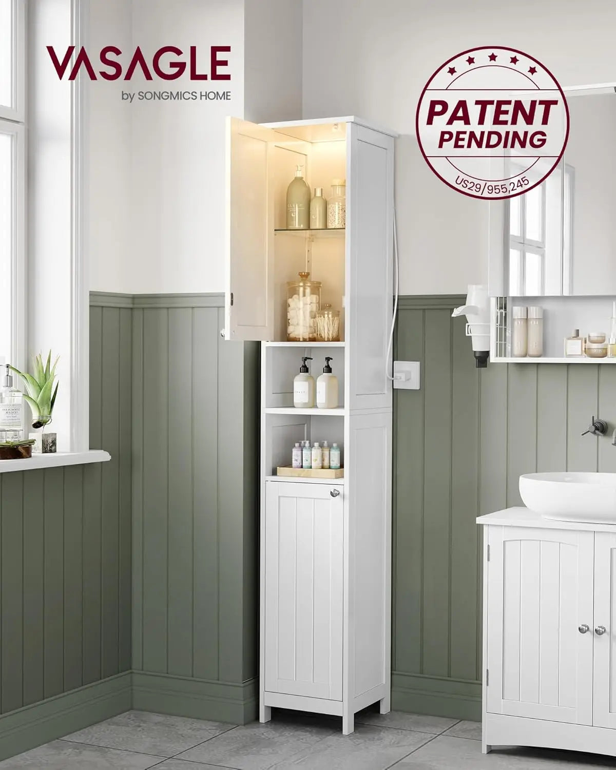 Tall Storage Cabinet with Lights, Slim Freestanding Cabinet with Adjustable Shelves, for Small Spaces, Bathroom, Living Room, Mo