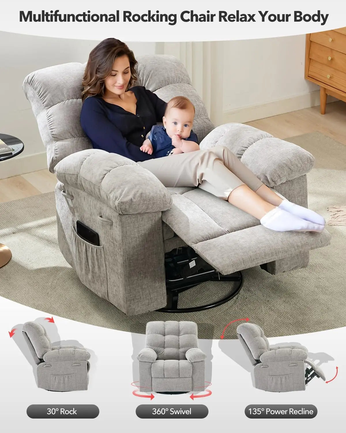 HiMISS Rocker Recliner Chair For Adults Overstuffed Manual Glider