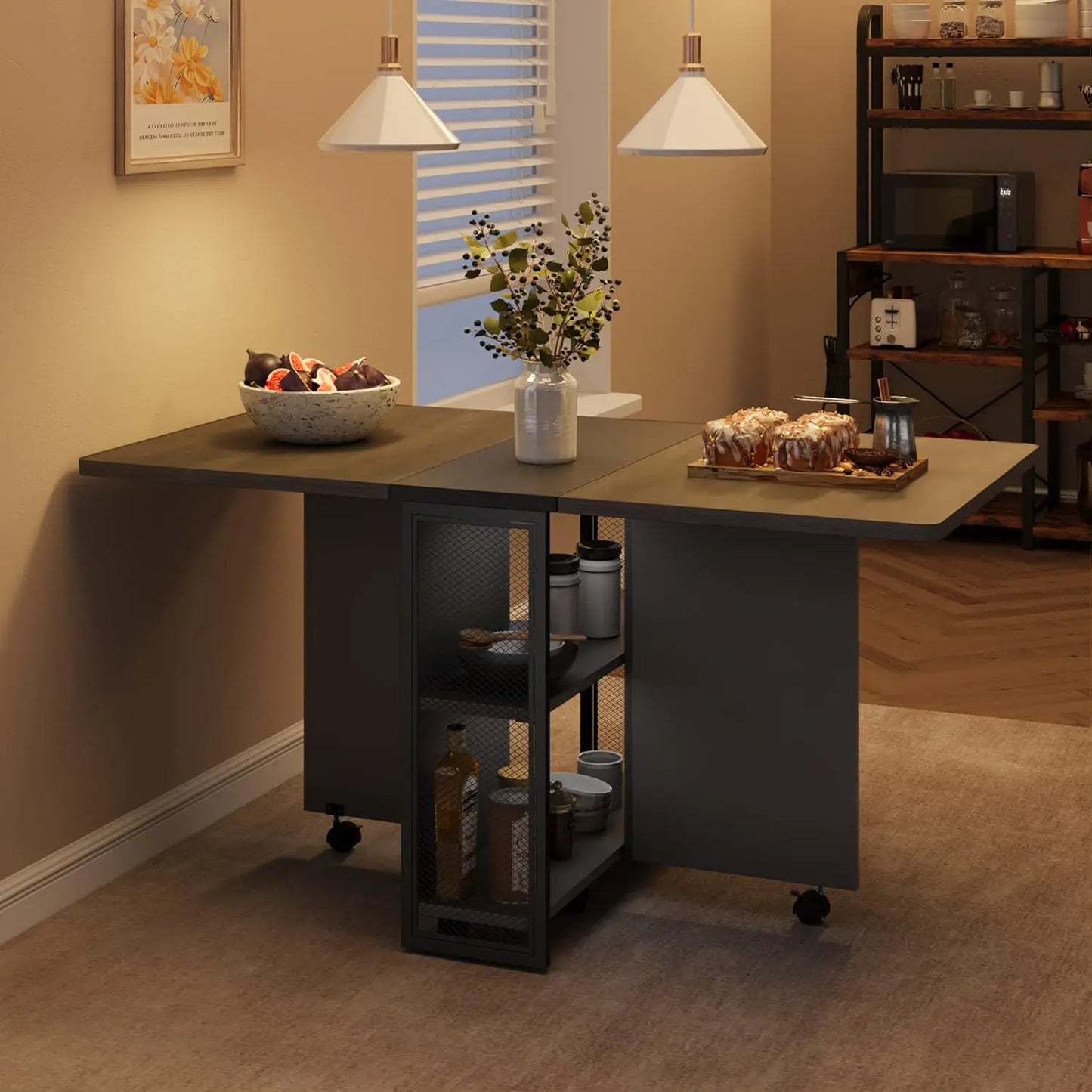 Folding Dining Table With 2 Tier Storage-Extendable Drop Leaf Space Saving Kitchen Dining Room Tables For 4,, Customized