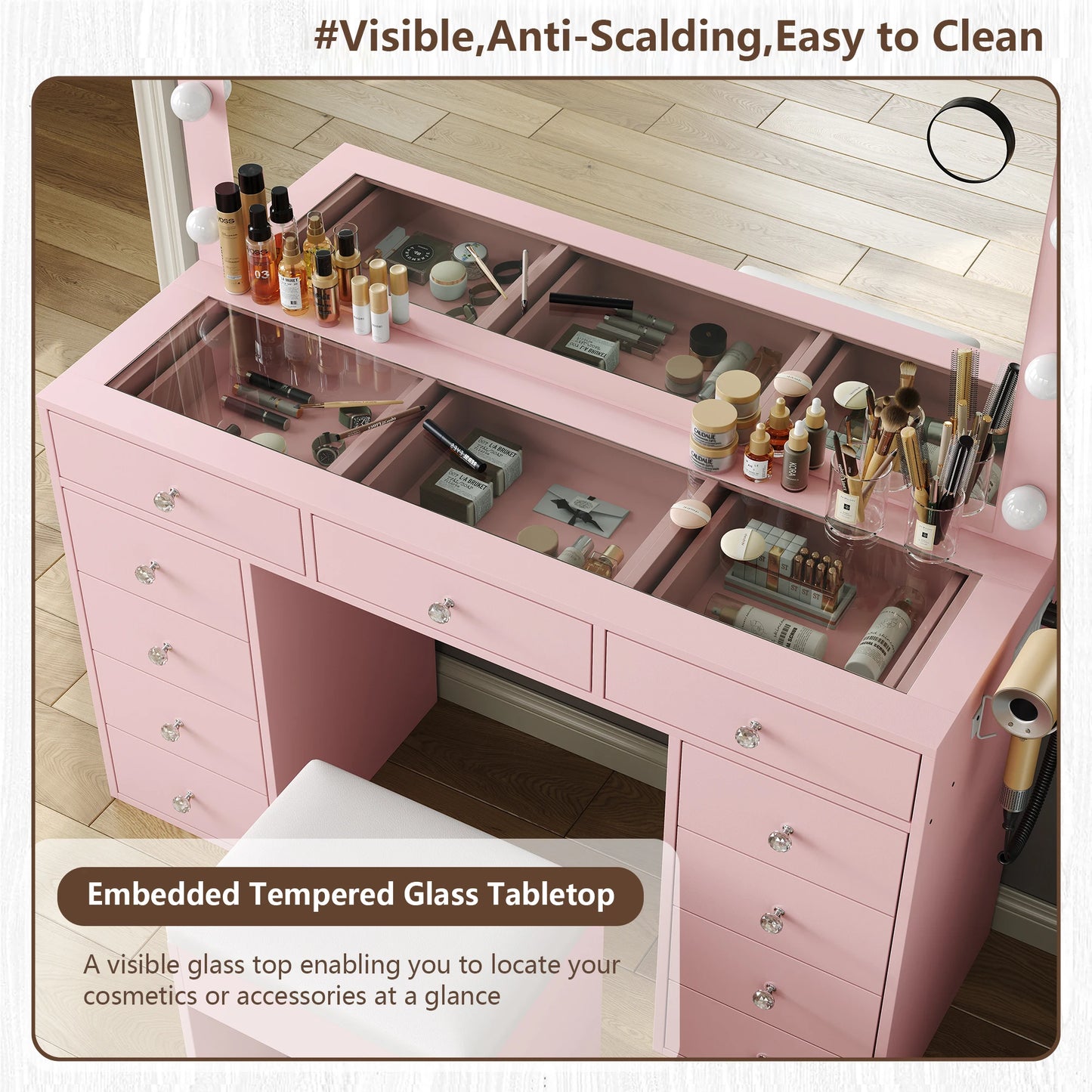 Bedroom Makeup Vanity Desk with Led Mirror, 11 Drawers