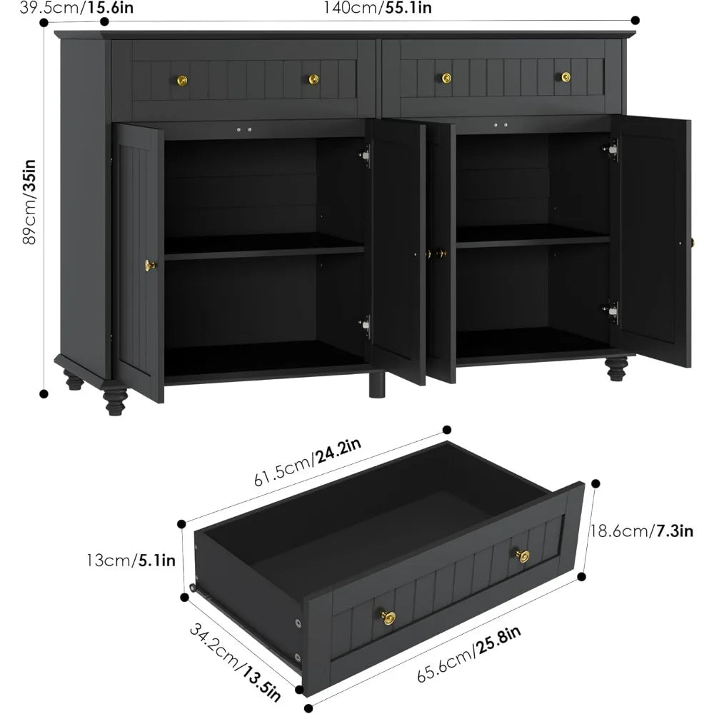 Buffet Cabinet with Storage, 55.1” Large Sideboard Buffet, Black Kitchen Cabinet with 2 Drawers and 4 Doors