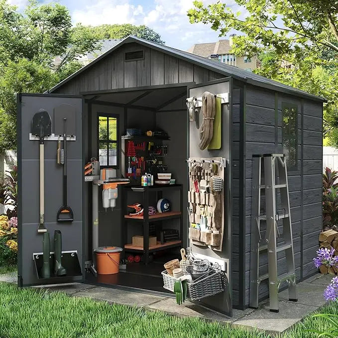 8x6 FT Storage Shed, Resin Outdoor Shed with Floor Included, Plastic Sheds Outdoor Storage for Bike, Garden Tools, Sheds