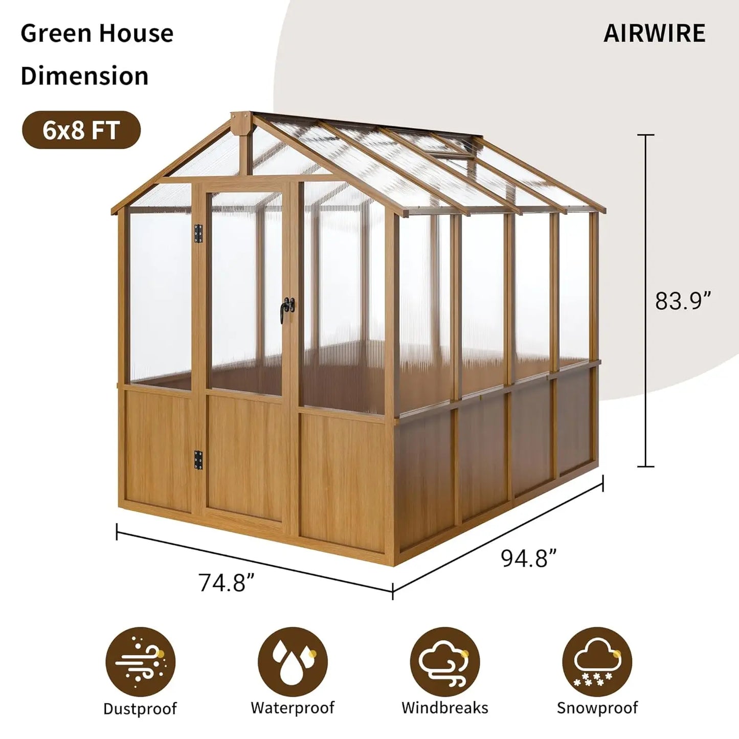 6x8FT Wood Frame Walk-in Greenhouse 6mm Twin-wall Polycarbonate Adjustable Roof Vent Garden Backyard, Custom