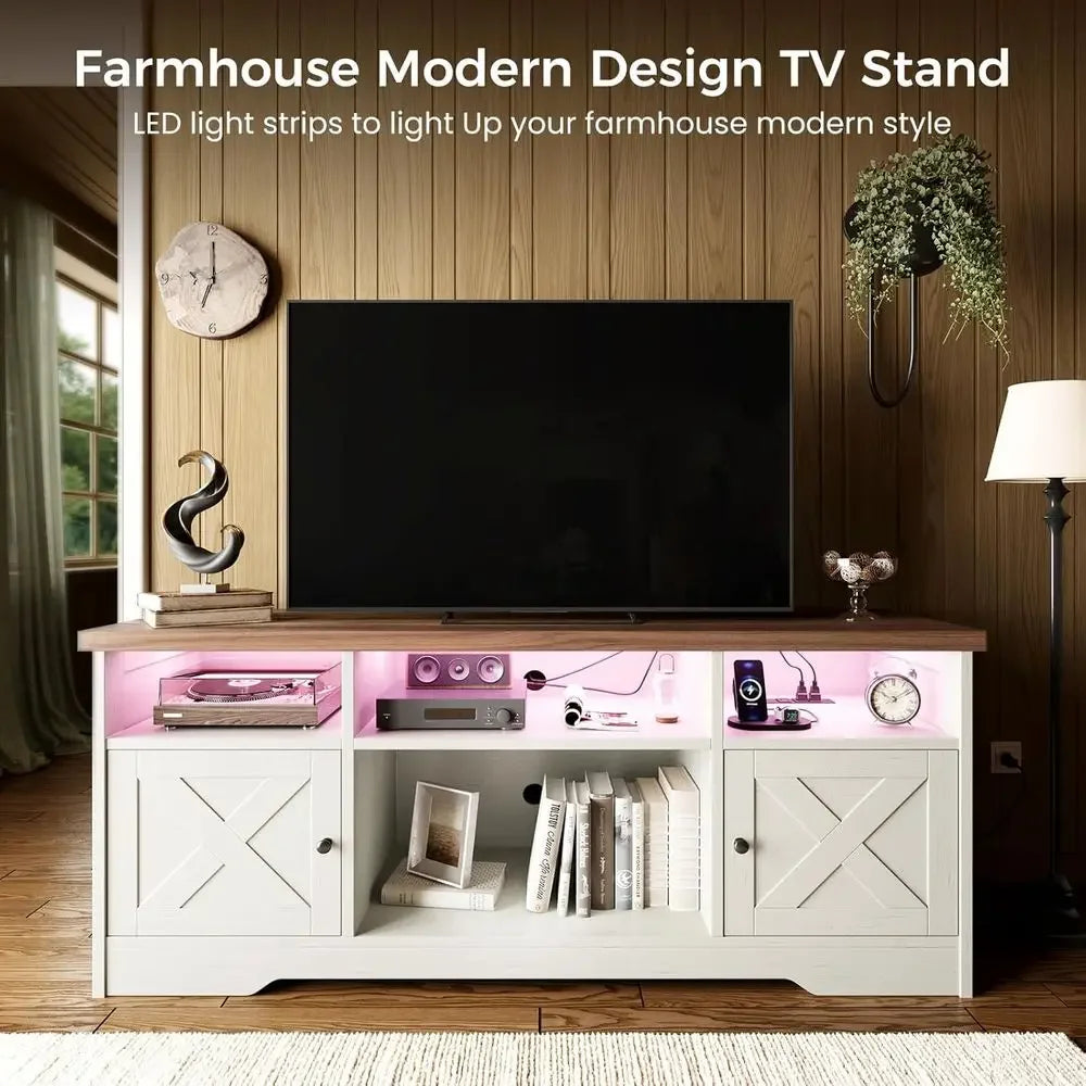 65 TV Stand with Power Outlet, LED Lights, and Storage for Living Room or Bedroom, White