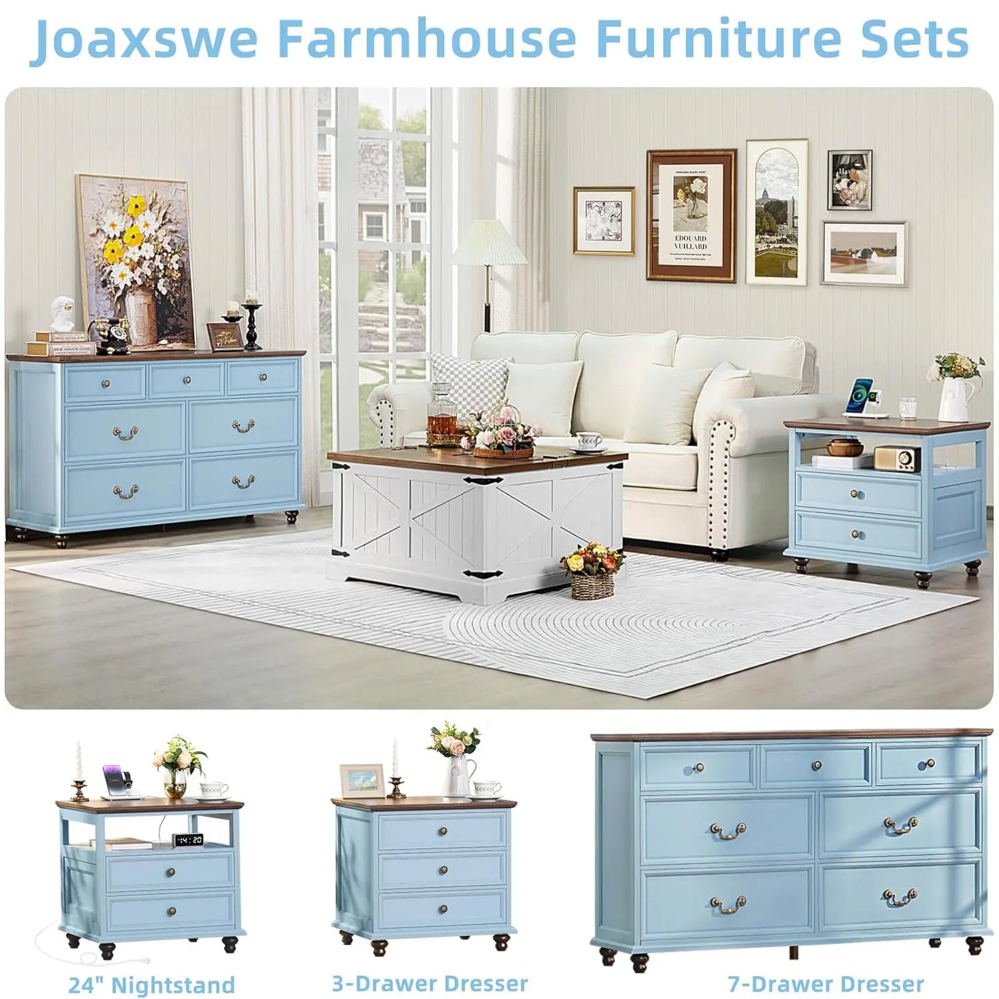 Farmhouse 54" 7 Drawers Dresser for Bedroom, Wide Wood Chest of Drawers w/ 4 Wooden Legs, Vintage Large Storage, Customized