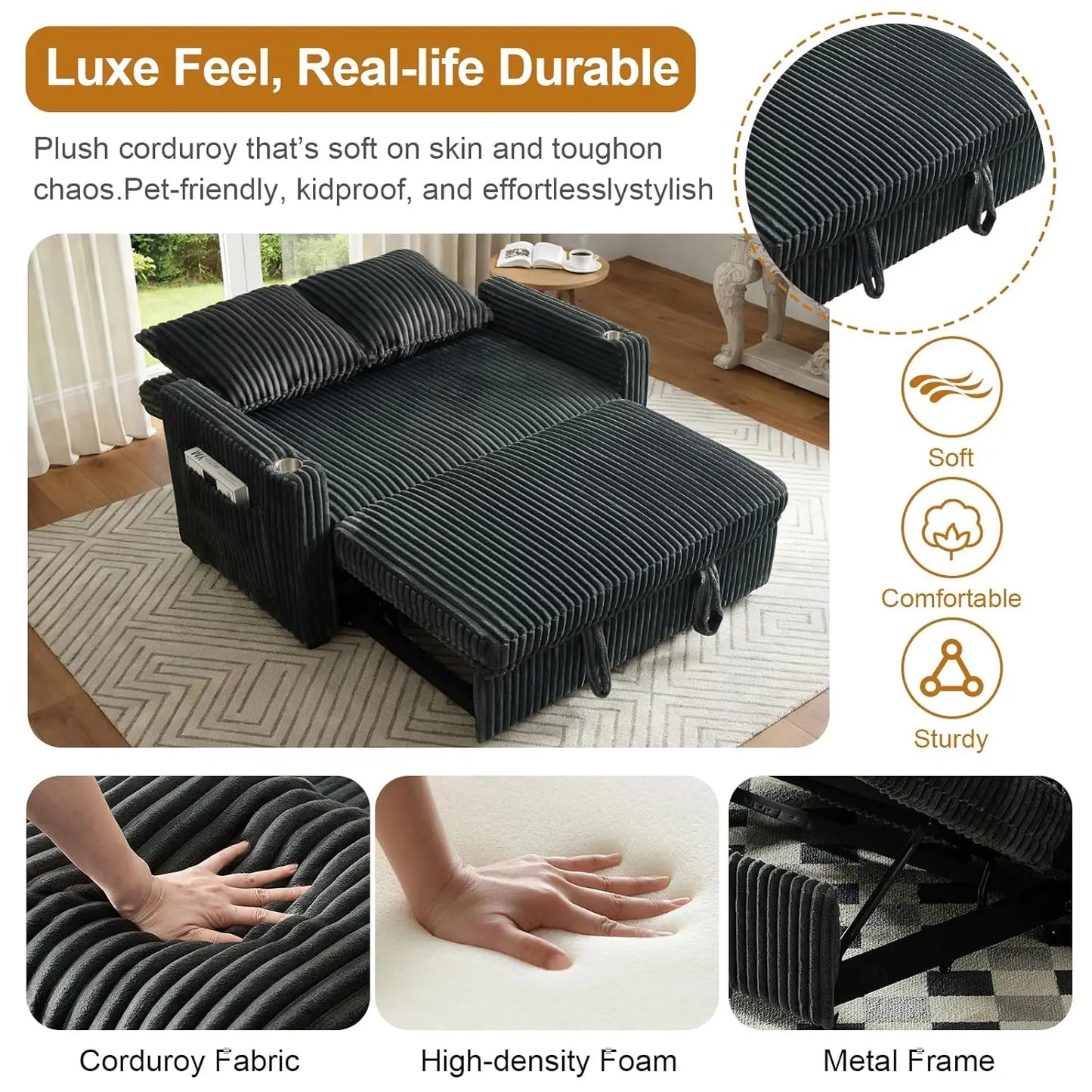3 In 1 Convertible Corduroy Sleeper Sofa Bed