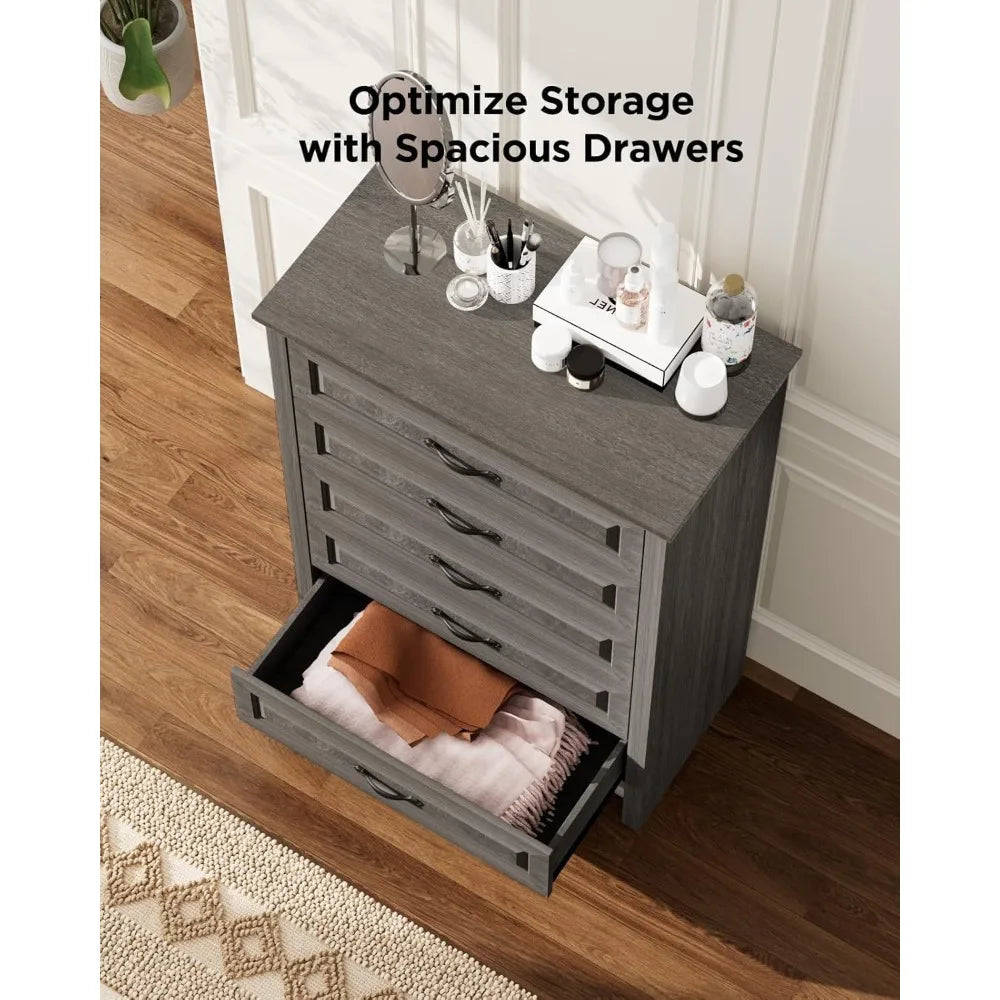 Grey 5 Drawers Dresser Chests for Bedroom, 42.7 Inch Tall Wooden Dresser, Farmhouse Storage Organizer with Large Drawer