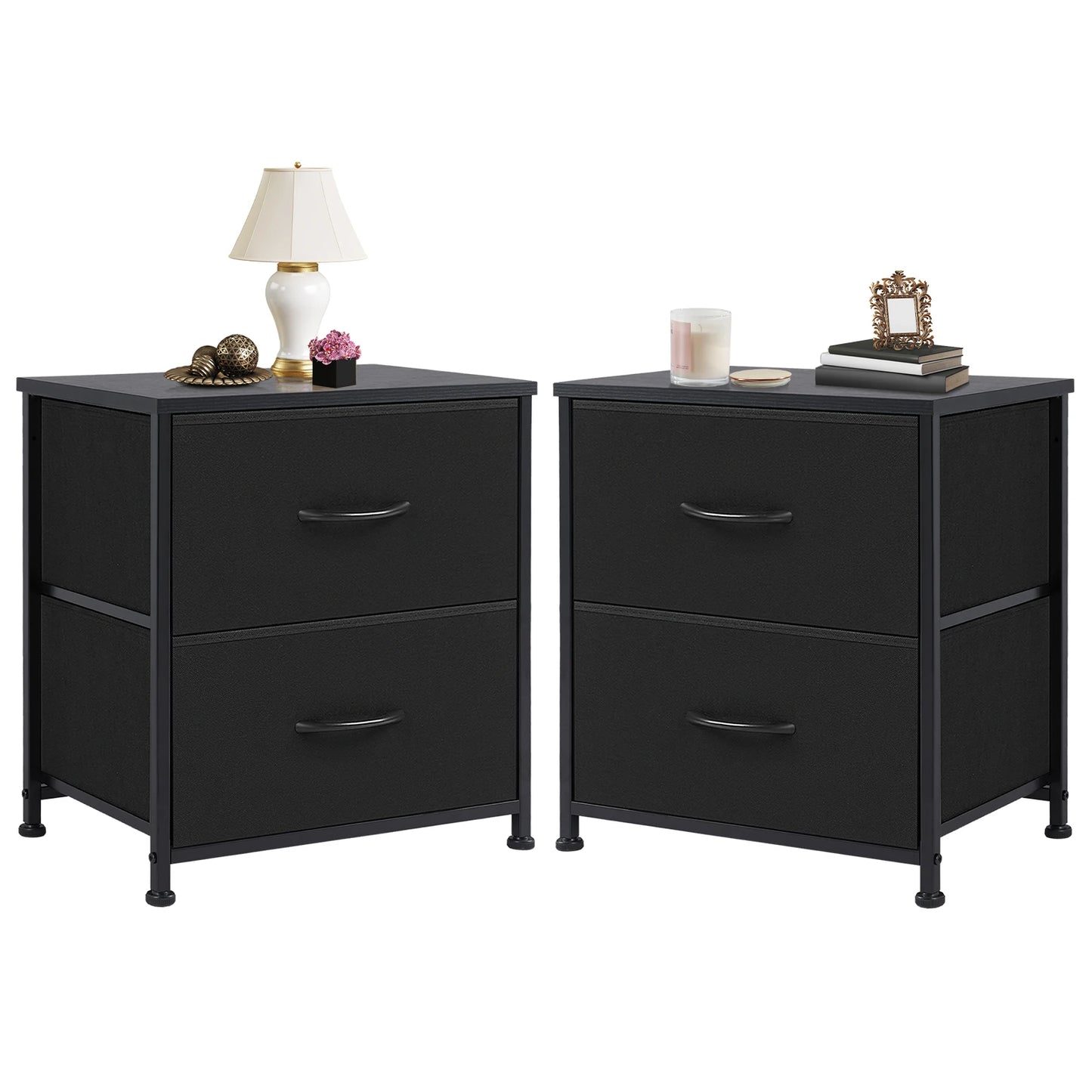 JHK Nightstand Bedside Table With Fabric Drawers And Cabinet