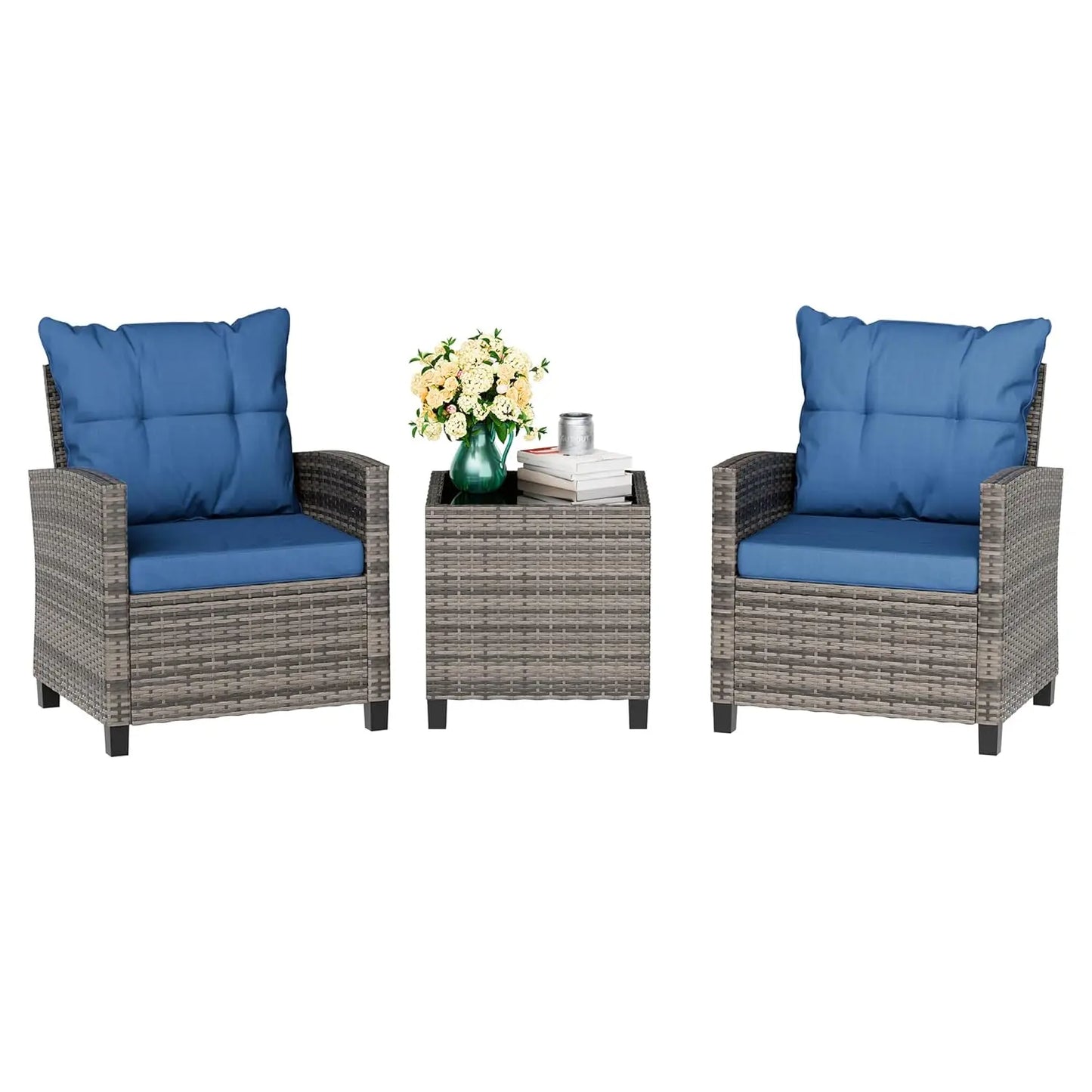 Outdoor 3 Piece Patio Furniture Set Wicker Rattan Cushioned Chairs