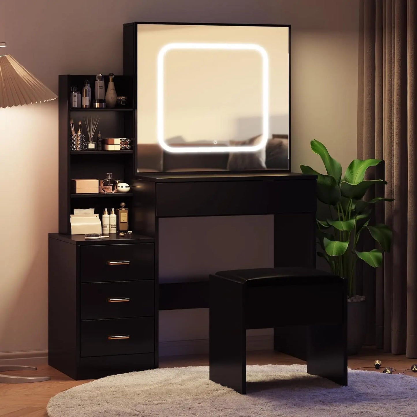 Vanity Desk with Mirror and Led Lights, Makeup Vanity Desk with Sliding Lighted Mirror, Dressing Table Storage for Bedroom