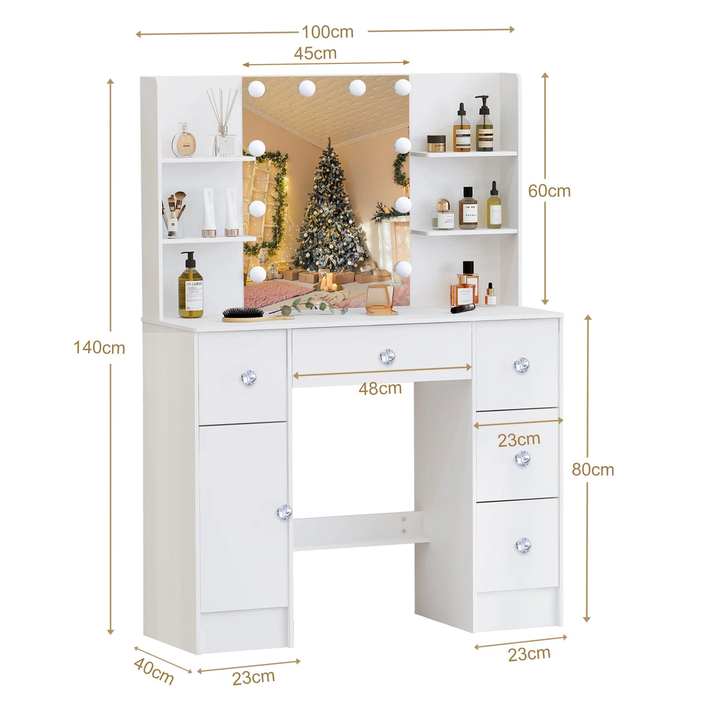 Large White Light Luxury Vanity Set, 3 Color Dimmable LED Mirror, 5 Drawers, Sturdy Frame Easy Assembly
