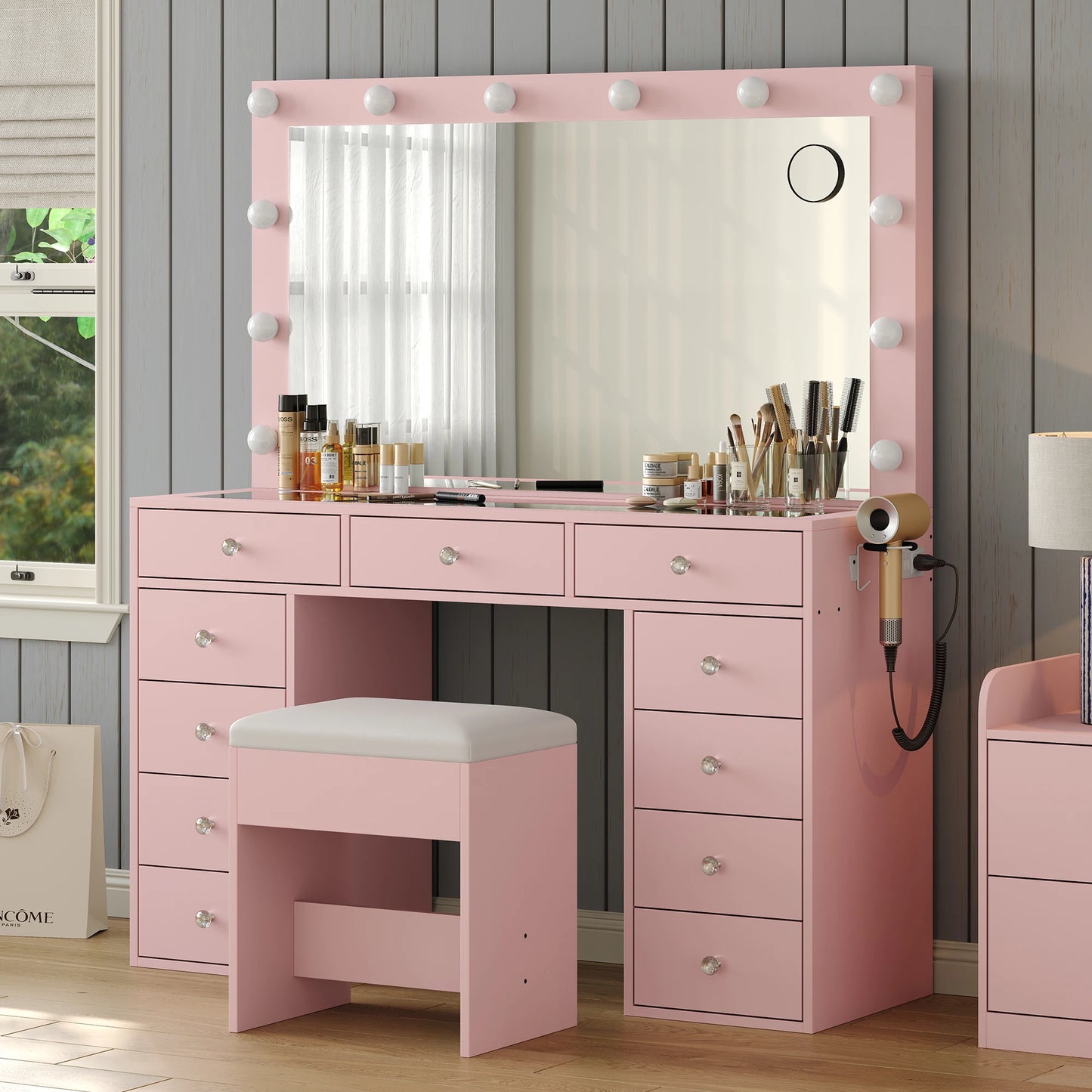 Bedroom Makeup Vanity Desk with Led Mirror, 11 Drawers