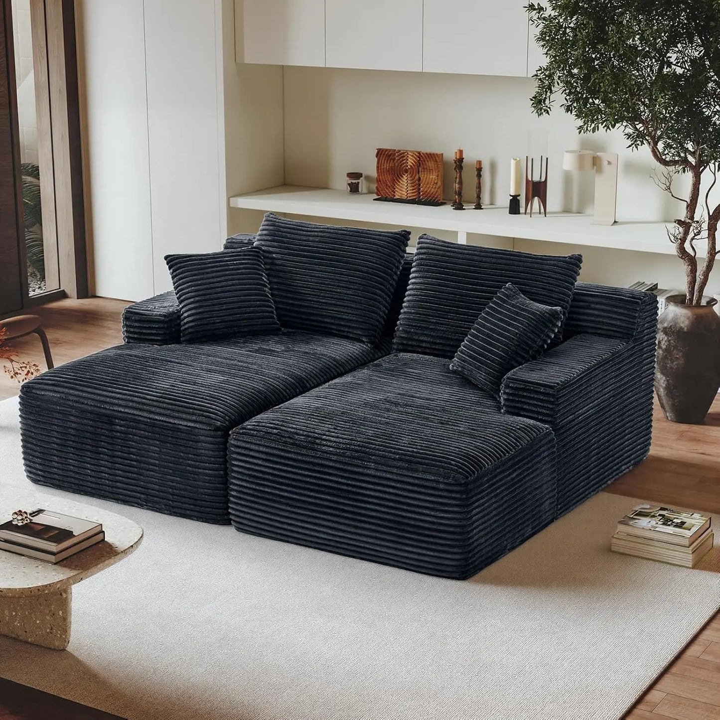 Double Chaise Lounges Plush Upholstered Boneless Couch Deep Seat