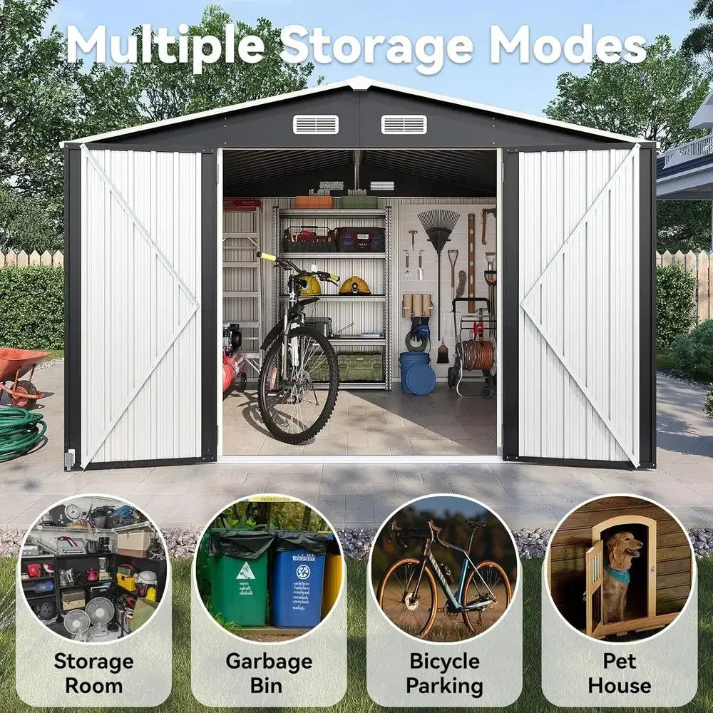 10x8ft Outdoor Metal Storage Shed with Lockable Doors, Weather-Resistant for Garden, Patio, Poolside Use