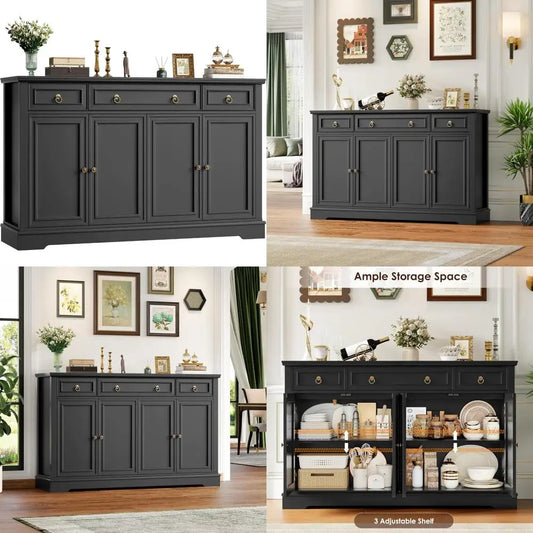 52.7" Large Buffet Cabinet Sideboard with 3 Drawers 4 Doors Wood Coffee Bar Kitchen Dining Room Storage, Customized