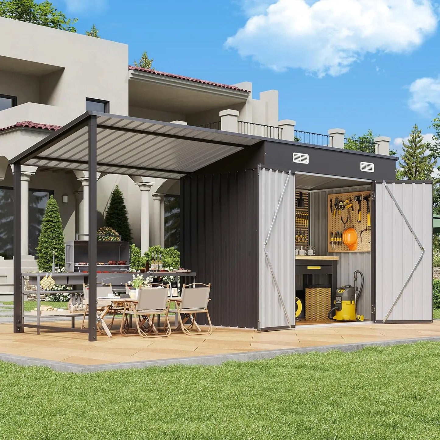 6x4FT Outdoor Storage Shed& Hardtop Gazebo Combo,12x4FTMetal Lean To Shed with Open-Sided Pergola,2-in-1Durable Garden Tool Shed