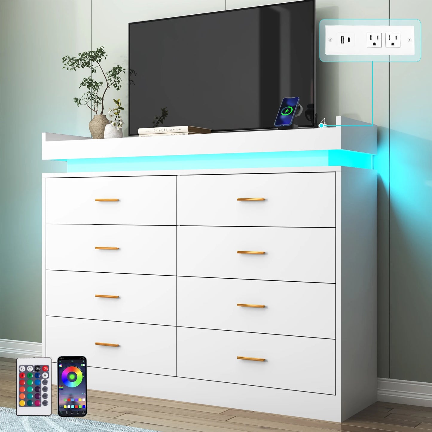 8 Drawer Dresser with LED Light, Modern Chest of Drawers for Closet, 47" Wide Drawer Organizer Cabinet for Bedroom, Living Room
