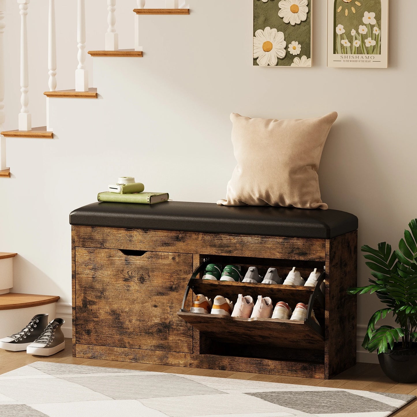 Shoe Storage Bench With Lift Top And 2 Flip Drawers
