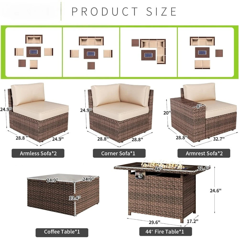 Patio 7 Piece Fire Pit Table Wicker Set Outdoor Cushions