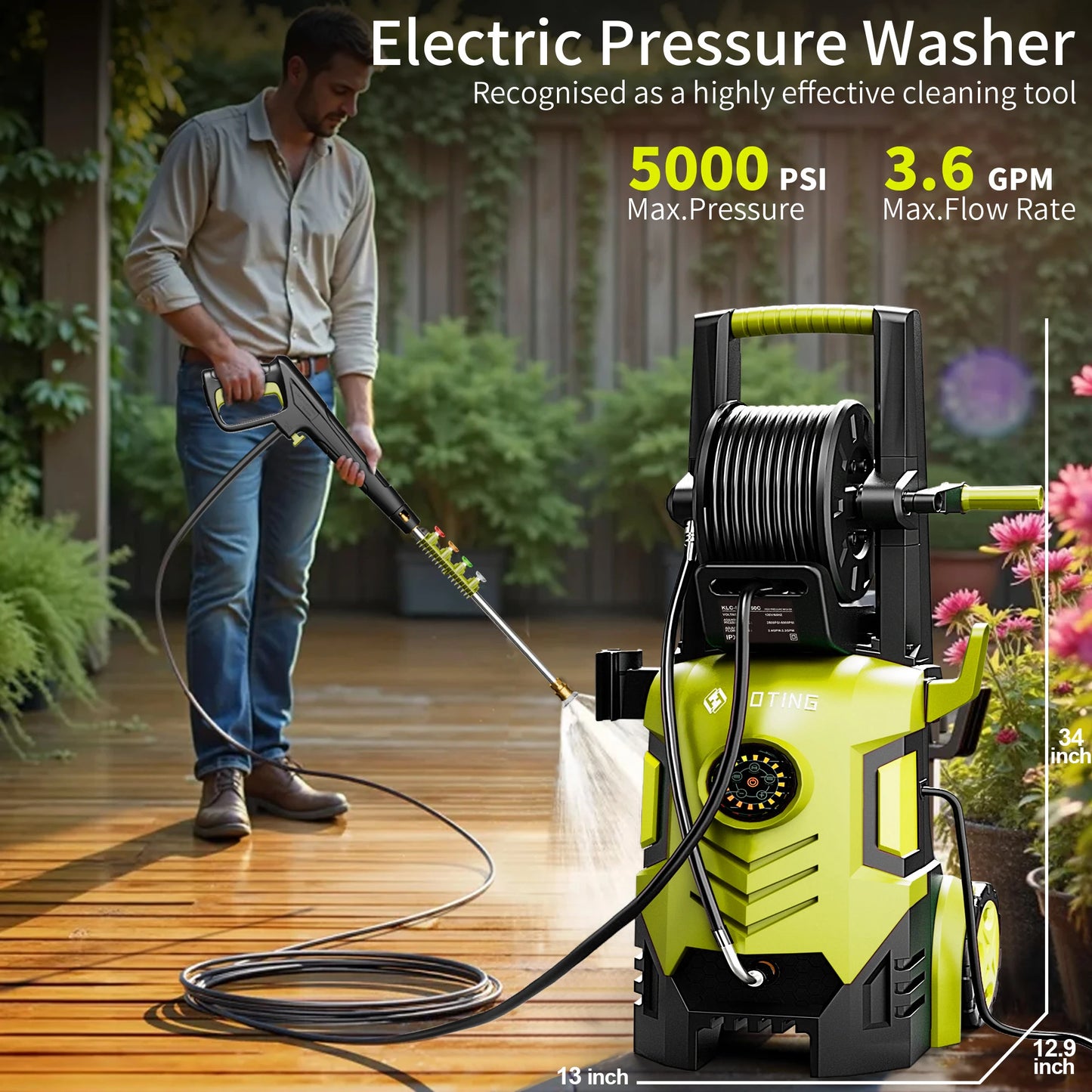 FOTING 5000PSI 2.8-3.6GPM Pressure Washer 8-Level Touch Screen 34" Tall 4 Nozzles 500ml Foam Cannon for Cars Fences Driveways
