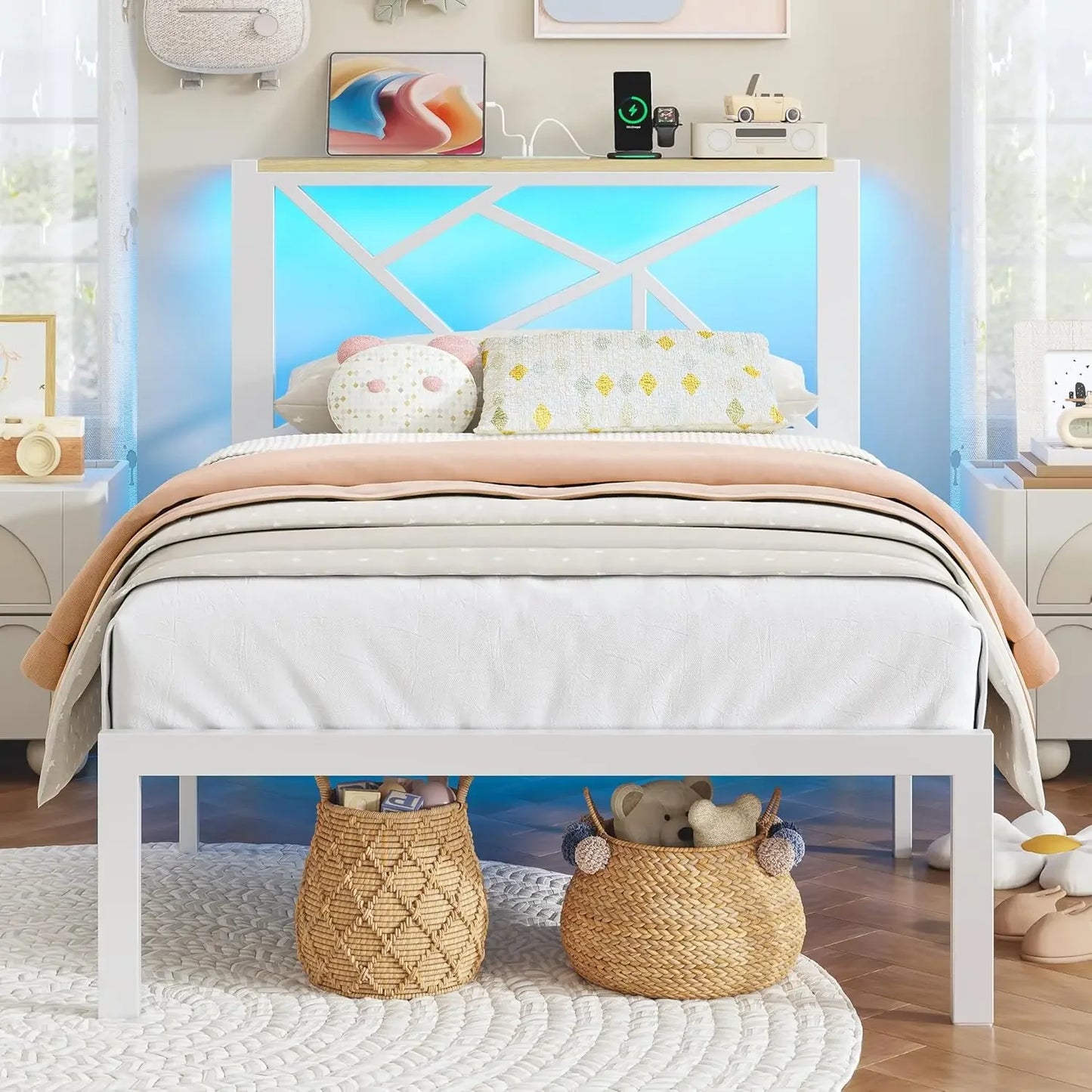 Metal Bed Frame With USB Charging Station LED Lighting Headboard