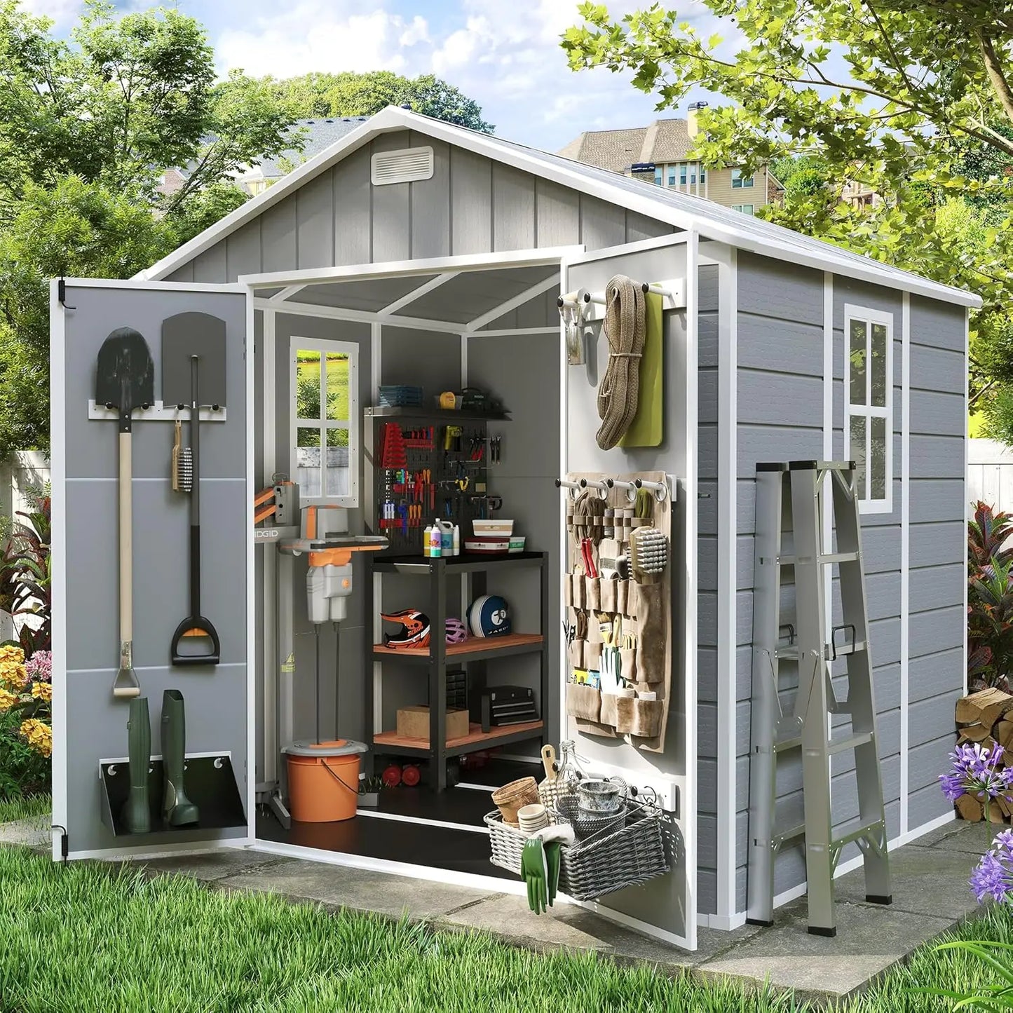 8x6 FT Storage Shed, Resin Outdoor Shed with Floor Included, Plastic Sheds Outdoor Storage for Bike, Garden Tools, Sheds