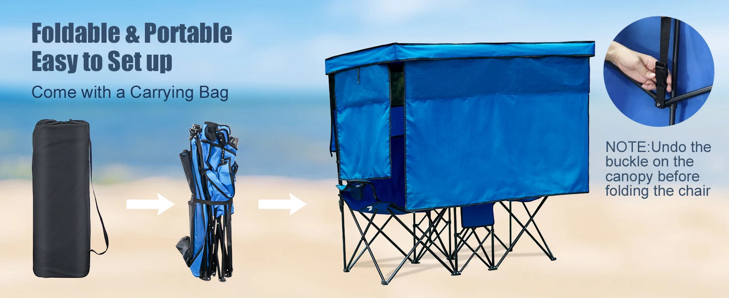 Double Beach Chair With Canopy Shade Folding Cup Holder Loveseat