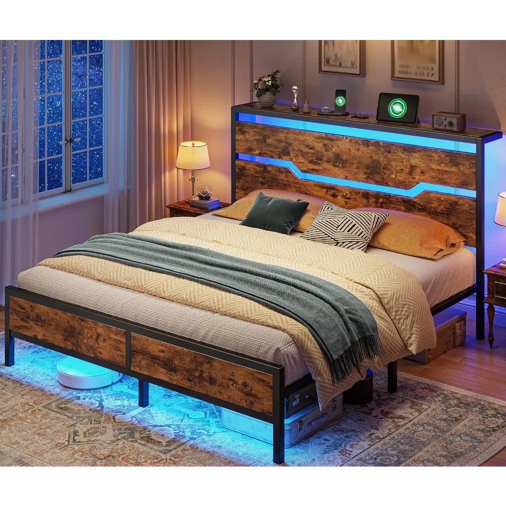 Bed Frame With Headboard, Storage, Led Lights And Charging Station