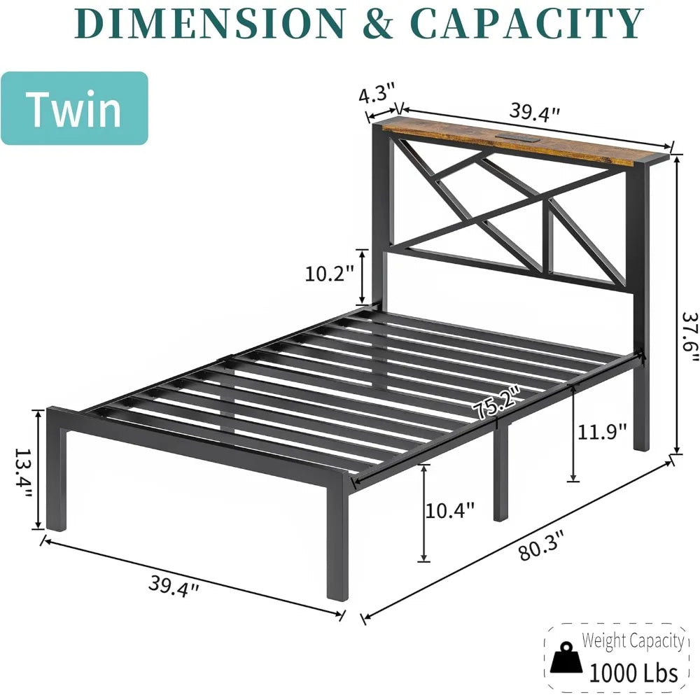 Metal Bed Frame With USB Charging Station And LED Lighting