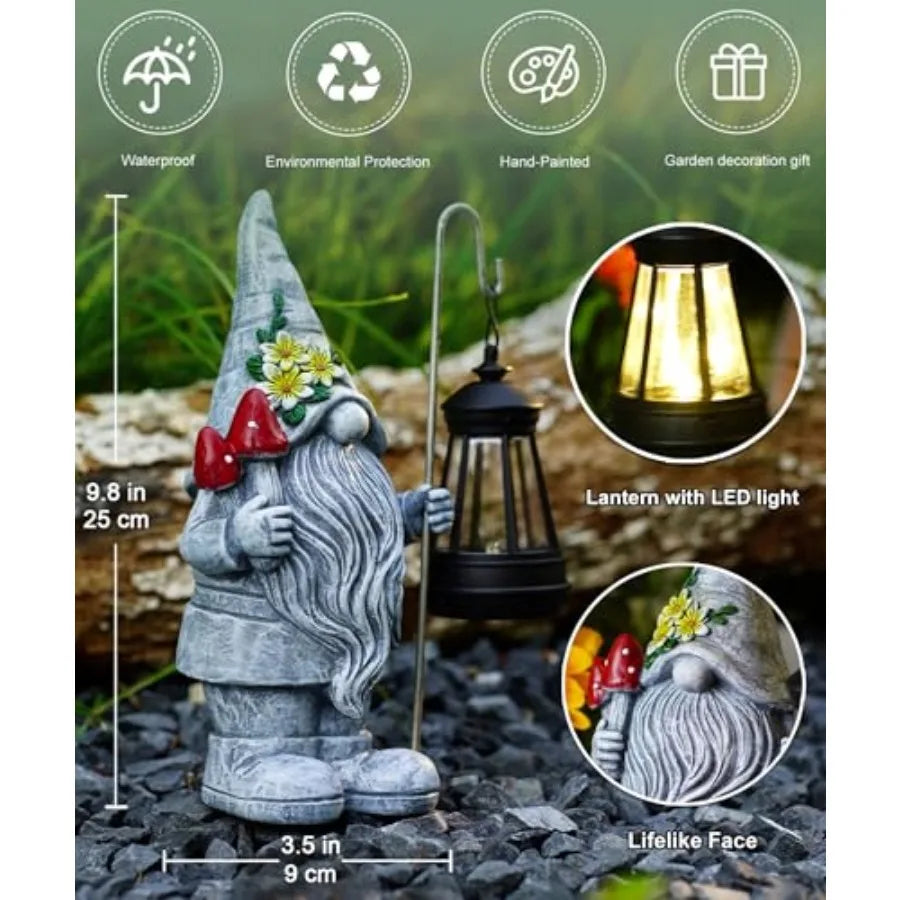 Garden Gnome with Solar Lantern: Outdoor Statue Decorations for Home Yard Lawn Balcony Patio Porch - Mothers Day Gifts for Mom
