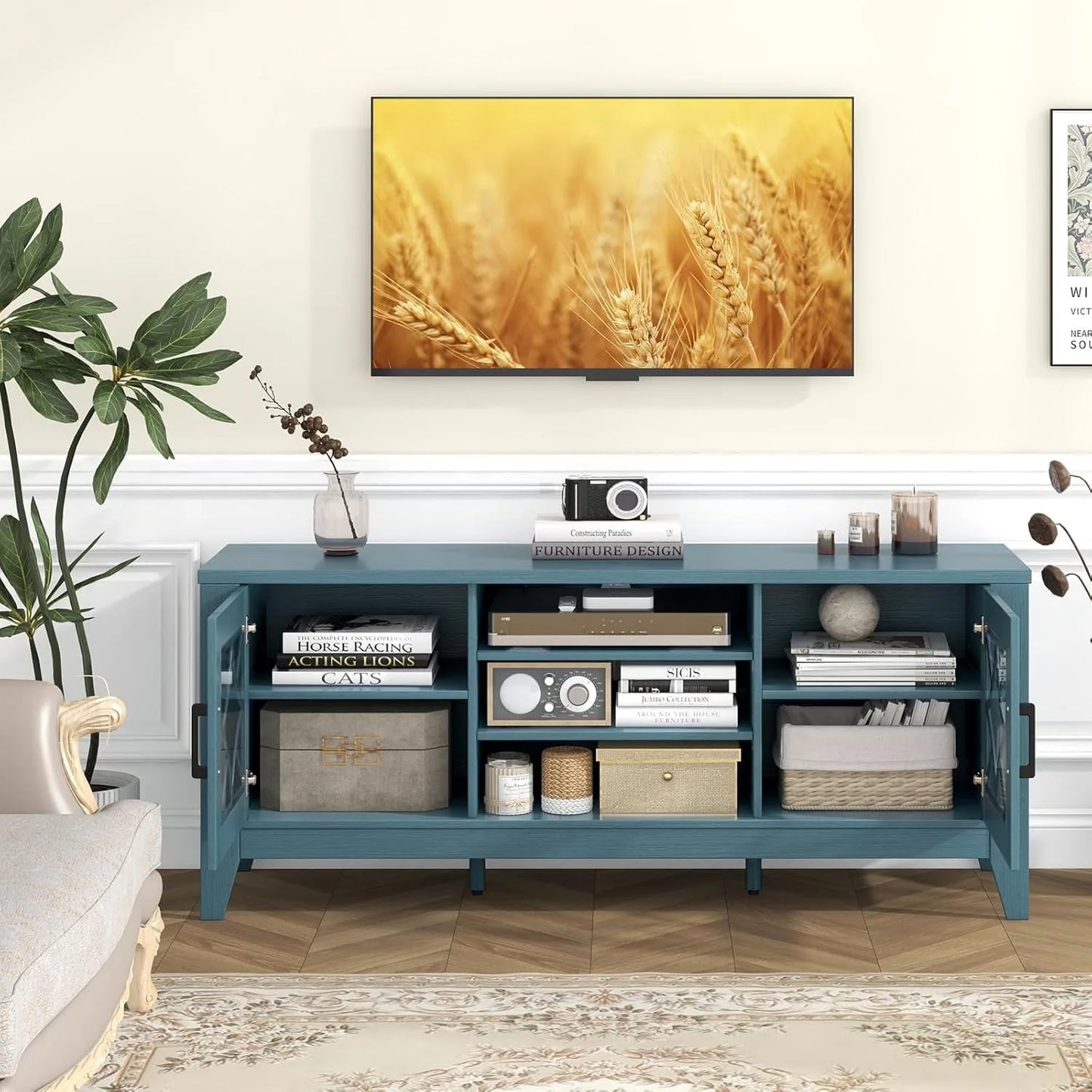 Farmhouse TV Stand With Glass Doors And Adjustable Shelves