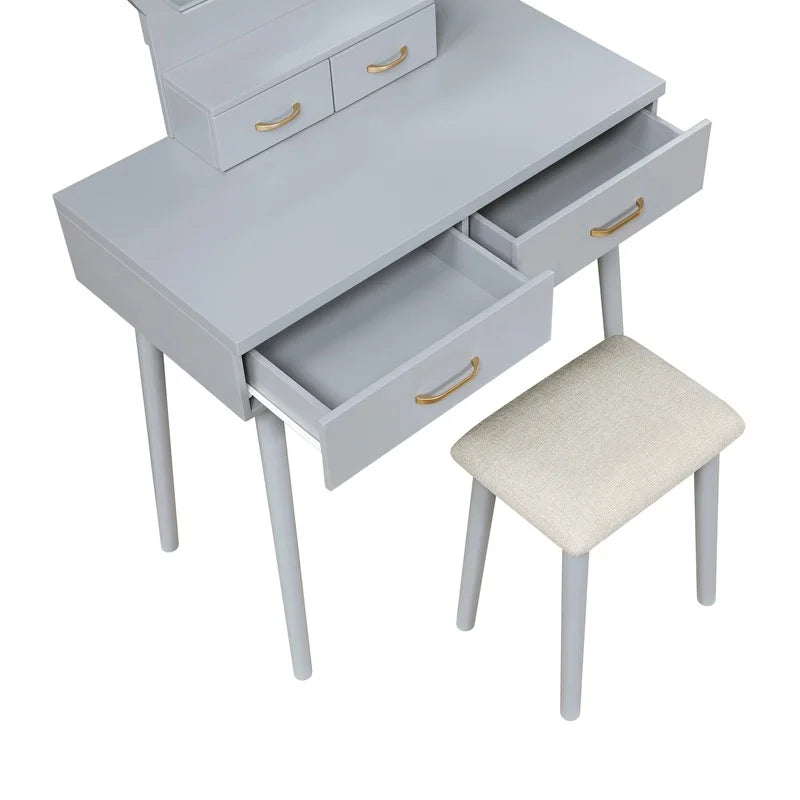 Luxury Gray Vanity Dresser with LED Mirror and Storage Drawer Set