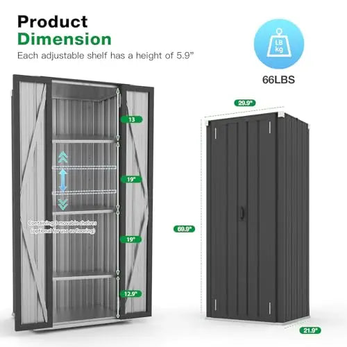 Dark Grey Tall Outdoor Storage Cabinet With Two Adjustable Shelves, Fully Weatherproof And Rust-Resistant For Garden Or Patio