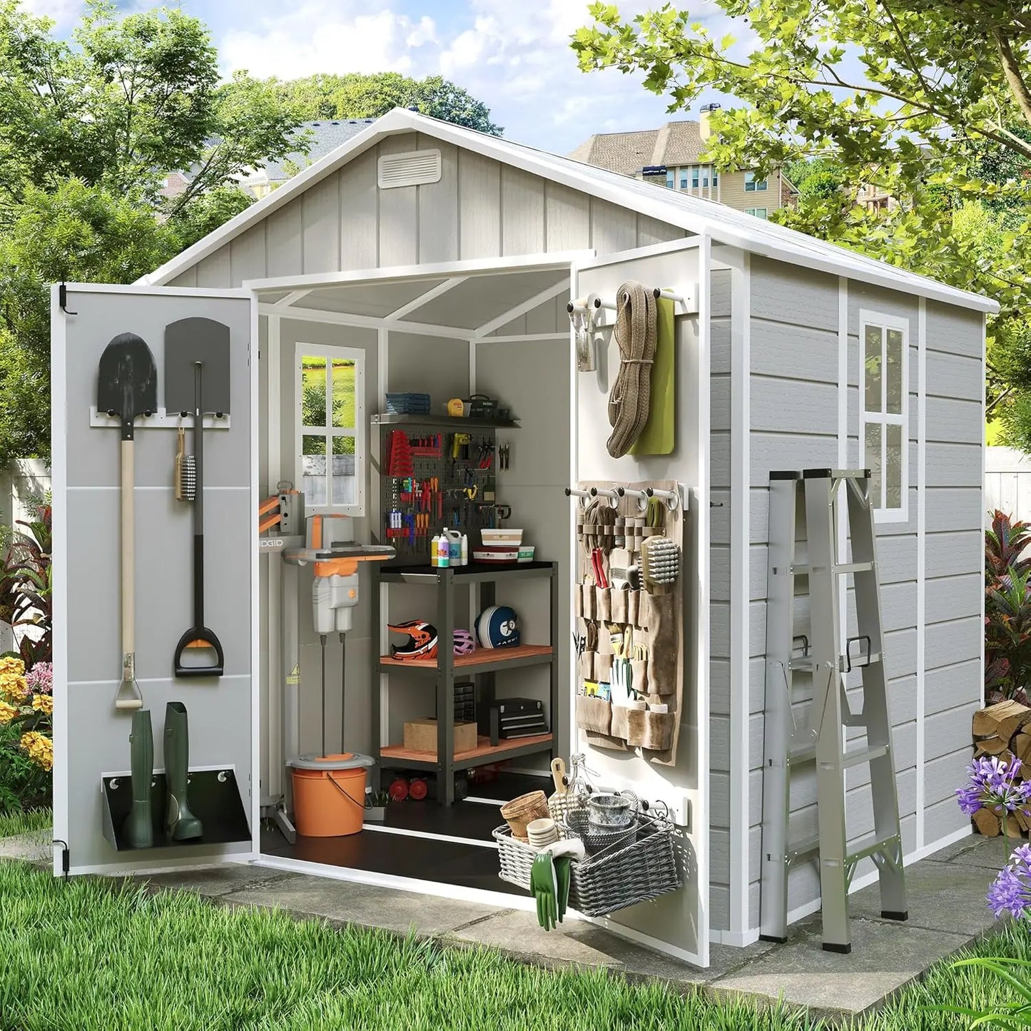 8x6 FT Storage Shed, Resin Outdoor Shed with Floor Included, Plastic Sheds Outdoor Storage for Bike, Garden Tools, Sheds