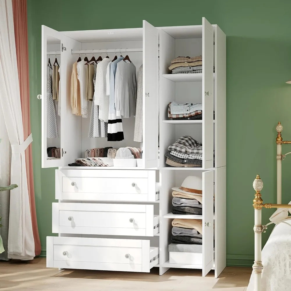 Armoire Wardrobe Closet with Drawers and Mirror, 71" Clothing Storage Cabinet with Hanging Rod, 4 Doors Wooden, Customized