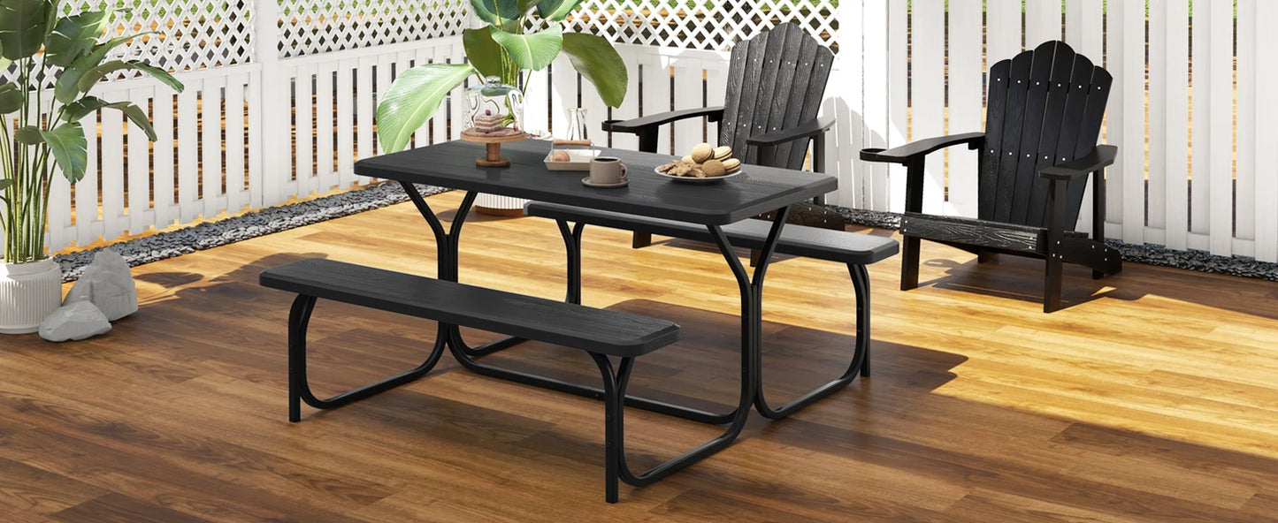 Picnic Table, Resin Dining Table & 2 Benches Set, Weather Resistant Wood Grain Tabletop & Steel Frame, Plastic Picnic Tables
