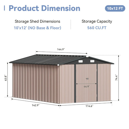Stylish Gable Roof Metal Storage Shed – 6x4ft / 8x6ft / 10x8ft Options | Lockable Double Doors, Ventilation Panels & Rust-Resistant Coated Steel Construction | Ideal for Garden Tools, Patio Gear or Backyard Organization | E