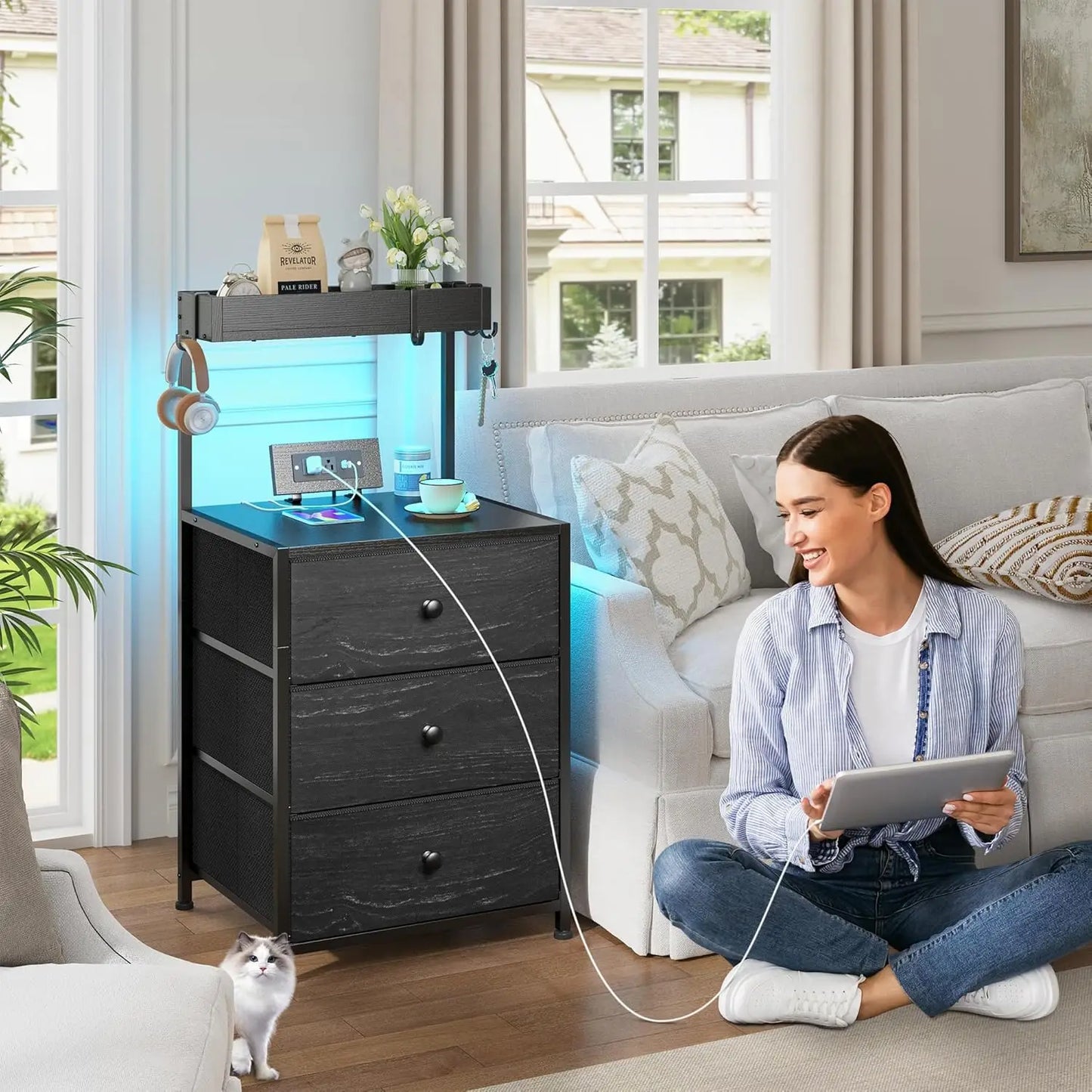 Tall Nightstand Set Of 2 With Charging Station And 3 Drawers